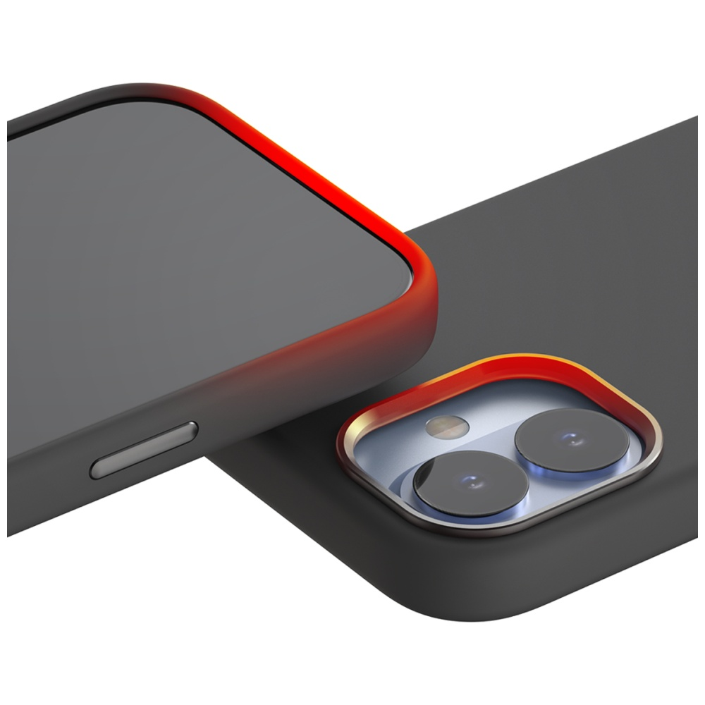 Zbliżenie na etui na telefon z czerwoną krawędzią ekranu i wypukłością aparatu. Etui jest ciemnoszare, aparat ma dwie soczewki.