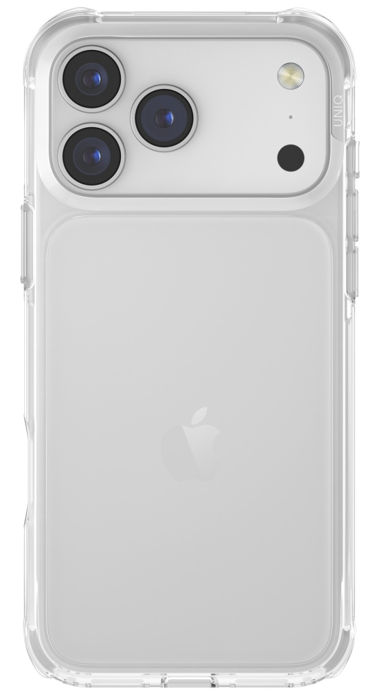 Przezroczyste etui na iPhone'a z trzema aparatami, lampą błyskową i czarną kropką. Logo Apple widoczne z tyłu. Marka UNIQ.
