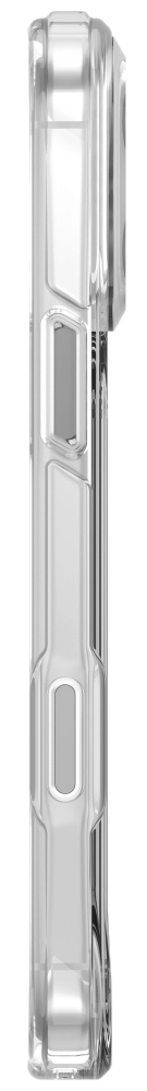 Przezroczysty, ochronny pokrowiec na telefon pokazany z boku, prezentujący jego design i cechy. Ma szereg prostokątnych kształtów.