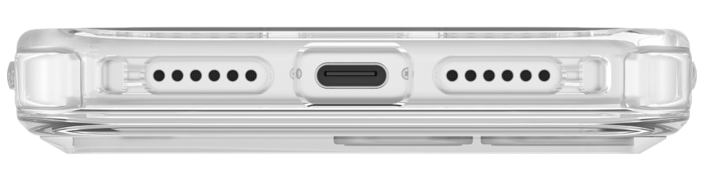 Spód przezroczystego etui na telefon. Posiada port ładowania i otwory na głośnik. Przezroczysty materiał z tworzywa sztucznego.