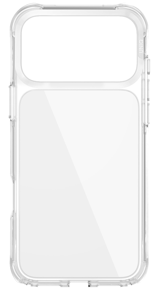 Przezroczyste etui na telefon o prostokątnym kształcie. Etui jest przezroczyste i posiada ochronną ramkę. Widoczne jest logo UNIQ.