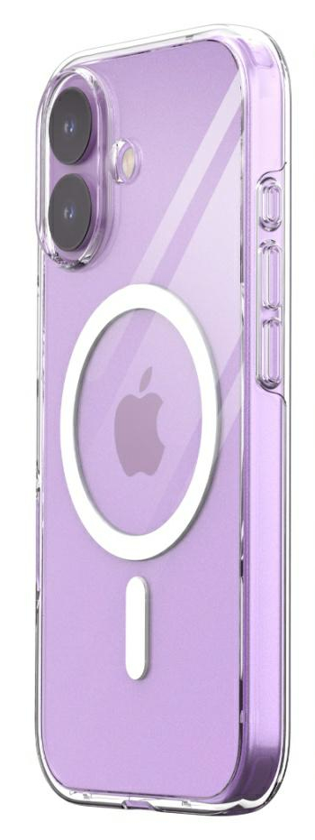 Przezroczyste etui na telefon z fioletowym tyłem. Ma biały pierścień i biały pasek, widoczne jest logo Apple.