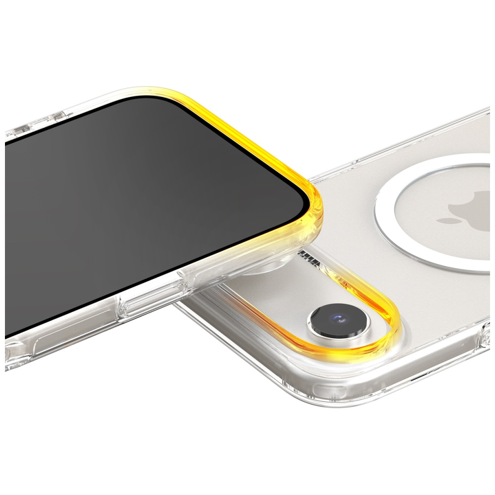 Przezroczyste etui na telefon z żółtą obwódką. Z jednej strony ekran, z drugiej aparat i logo Apple.