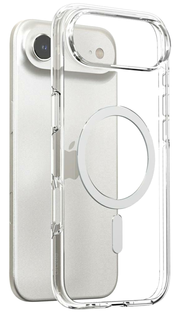 Przezroczyste etui na telefon na iPhonie. Etui ma pierścień MagSafe. Telefon jest srebrny z aparatem.