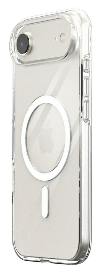 Przezroczyste etui na iPhone'a. Zawiera aparat, pierścień MagSafe i wskaźnik ładowania. Telefon jest szary.