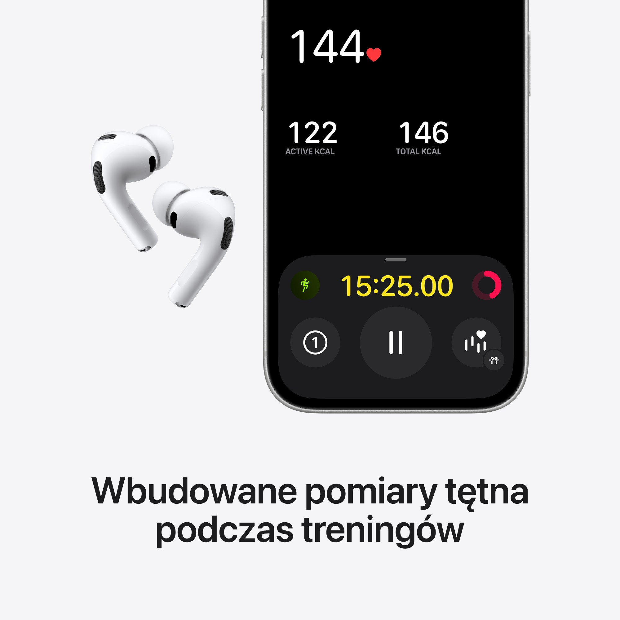 Białe słuchawki i iPhone wyświetlający dane zdrowotne. Ekran pokazuje tętno, aktywne kcal i całkowite kcal podczas treningu.