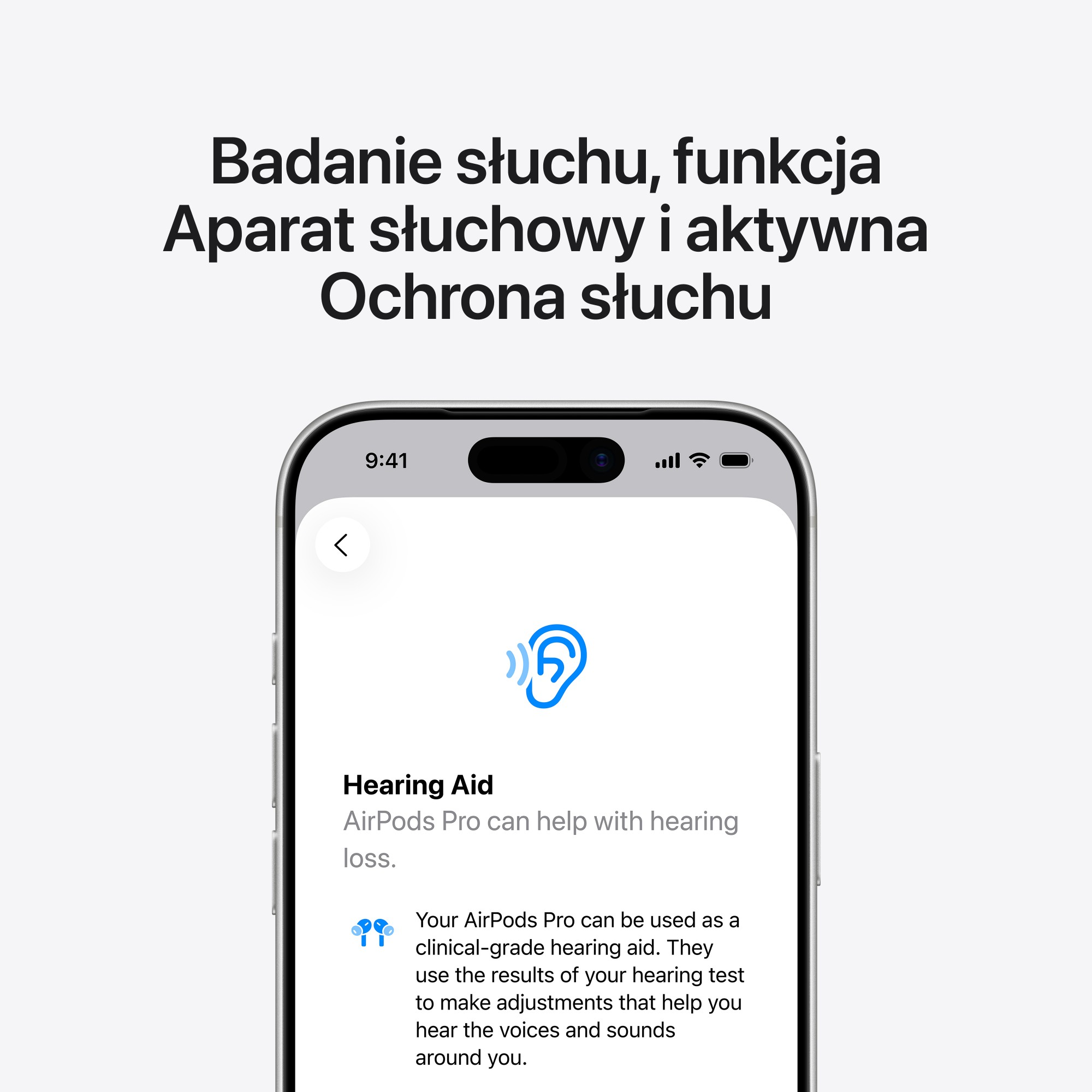 Telefon wyświetla ustawienia aparatu słuchowego. Ekran pokazuje 'Aparat słuchowy' i wspomina AirPods Pro. Tło jest białe.