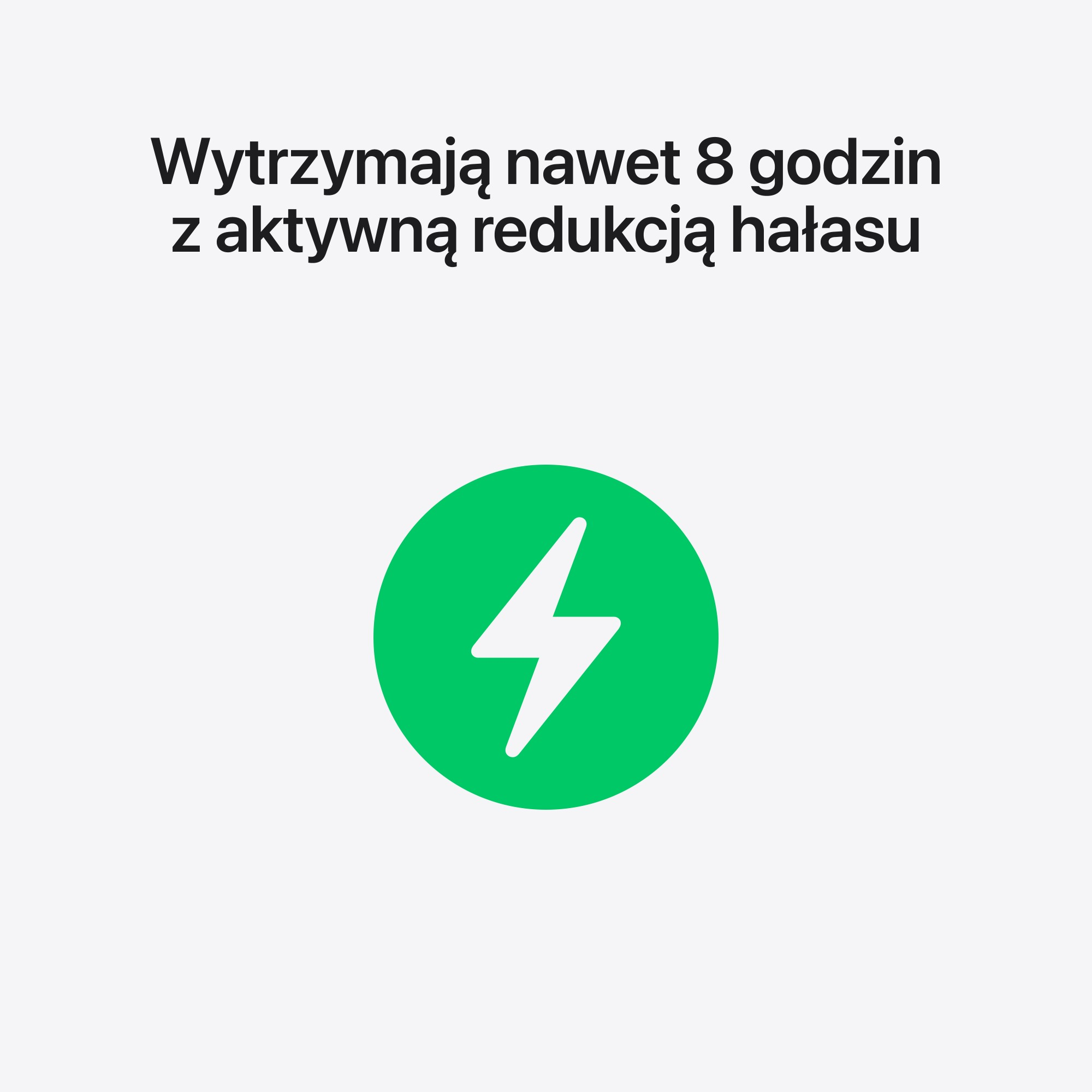 Białe tło z tekstem. Zielone koło z białą błyskawicą w środku. Tekst brzmi '8 godzin z redukcją szumów'.