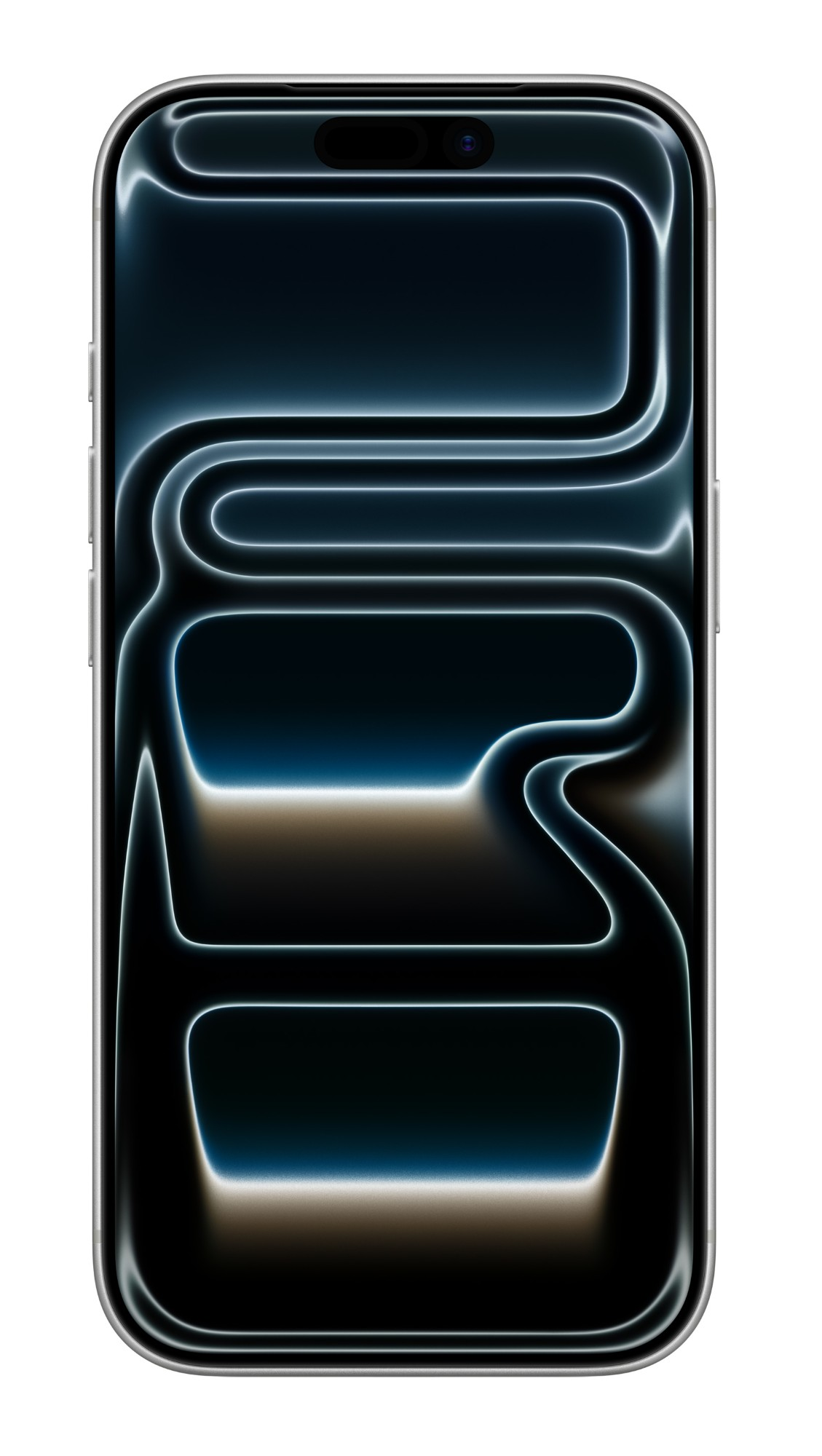 Smartfon wyświetla ciemny, abstrakcyjny wzór z zakrzywionymi liniami i gradientem. Ma aparat i czujniki na górze.