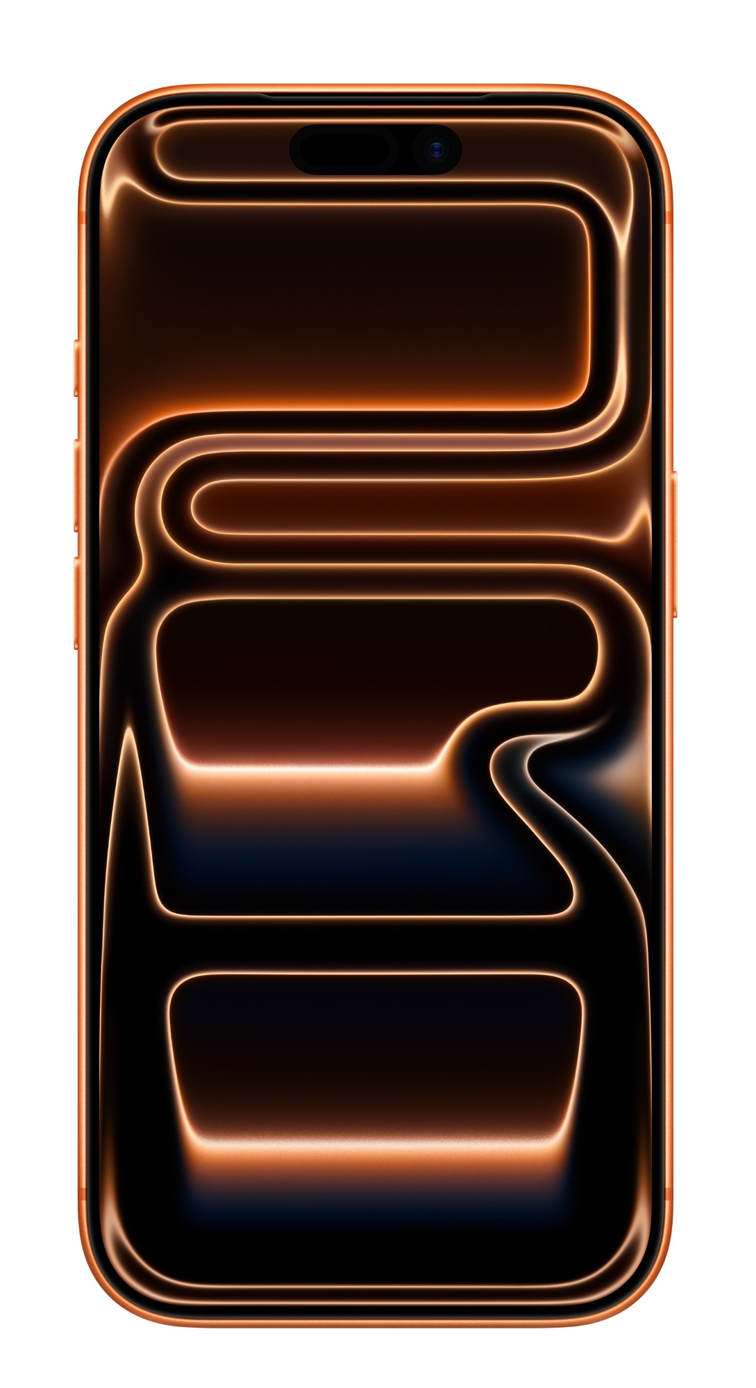 Smartfon z czarnym ekranem z pomarańczowymi świecącymi liniami. Telefon ma pomarańczową ramkę i białe tło.