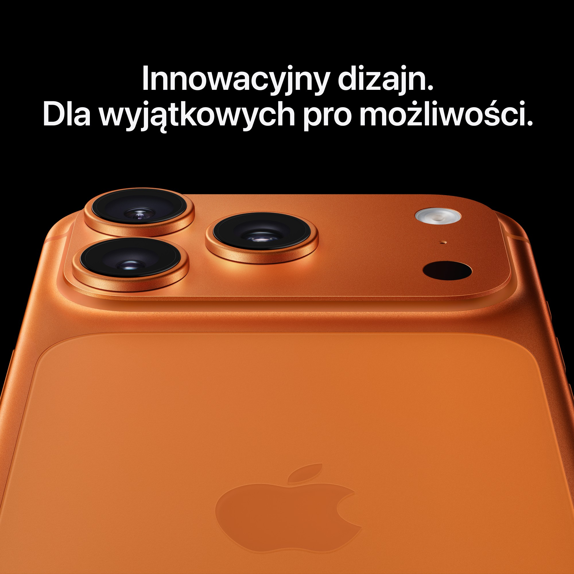 Pomarańczowy telefon z potrójnym aparatem, czarne tło, logo Apple.