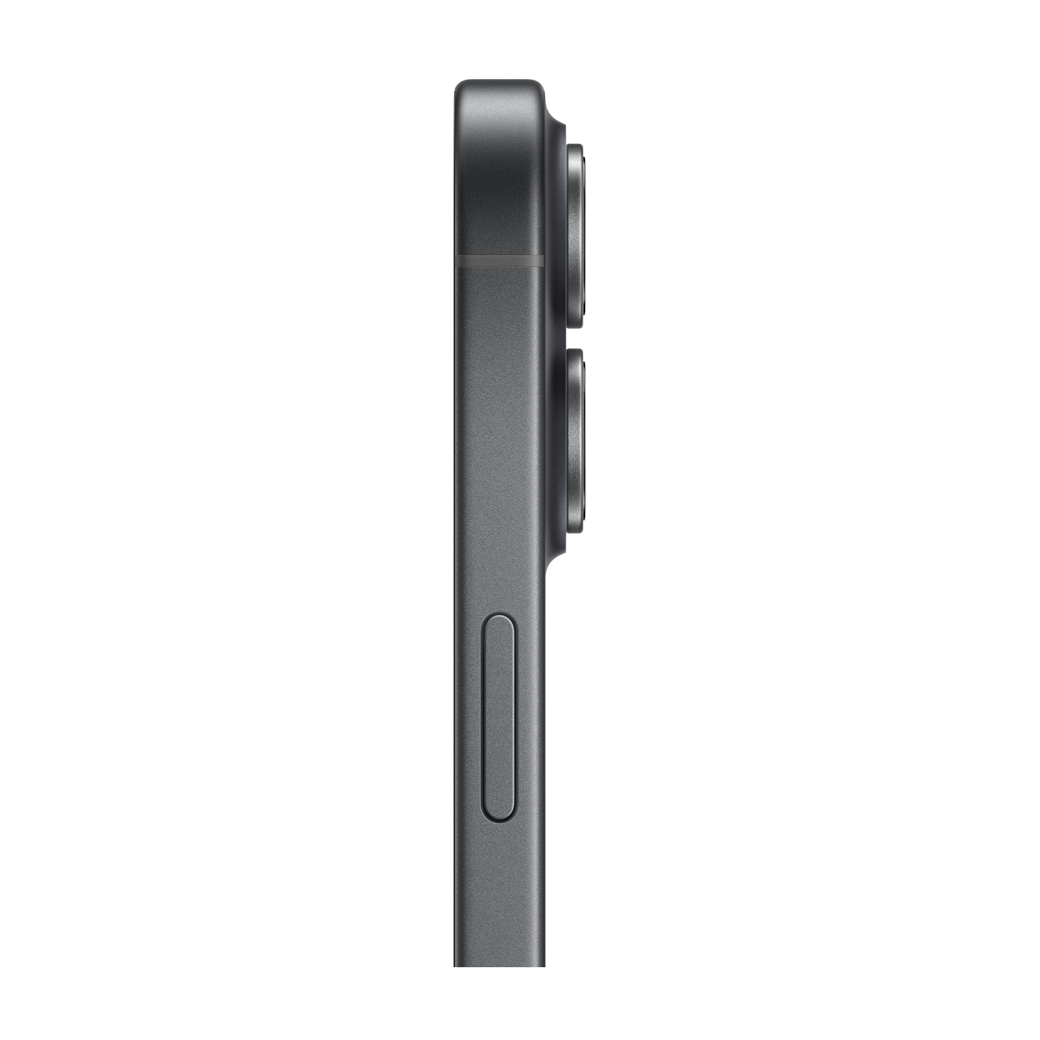 Vista laterale di uno smartphone grigio scuro. Presenta tre obiettivi, un bilanciere del volume e un pulsante di accensione.