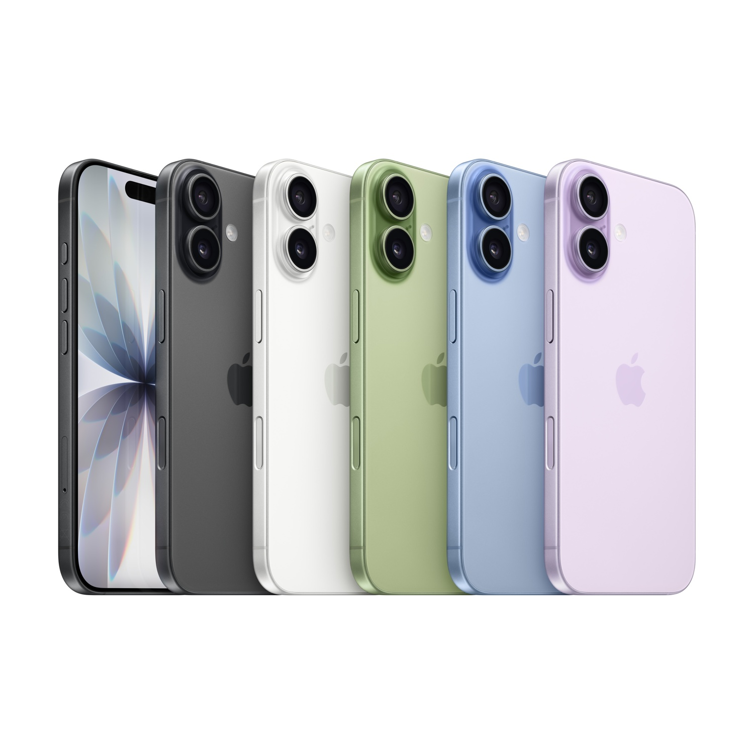 Sono esposti sei iPhone colorati. Da sinistra a destra, sono neri, grigi, bianchi, verdi, blu e viola. Lo sfondo è bianco.