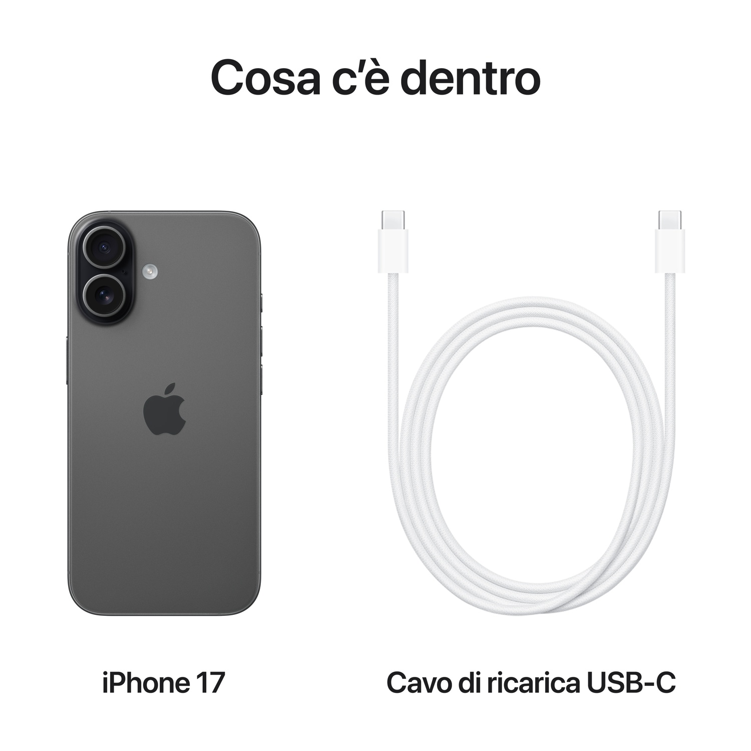 L'immagine mostra un iPhone 17 e un cavo di ricarica USB-C su sfondo bianco. Il testo recita: Cosa c'è dentro.