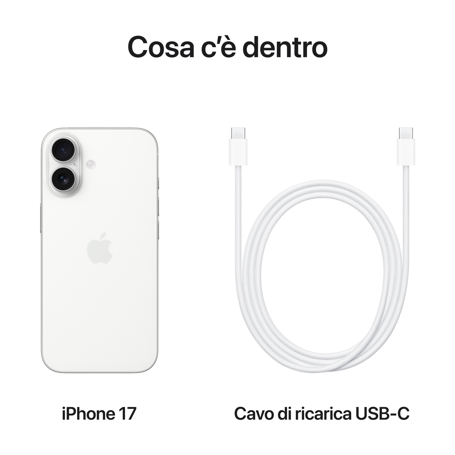 L'immagine mostra un iPhone 17 bianco e un cavo di ricarica USB-C bianco su sfondo bianco. Testo: 'Cosa c'è dentro'.
