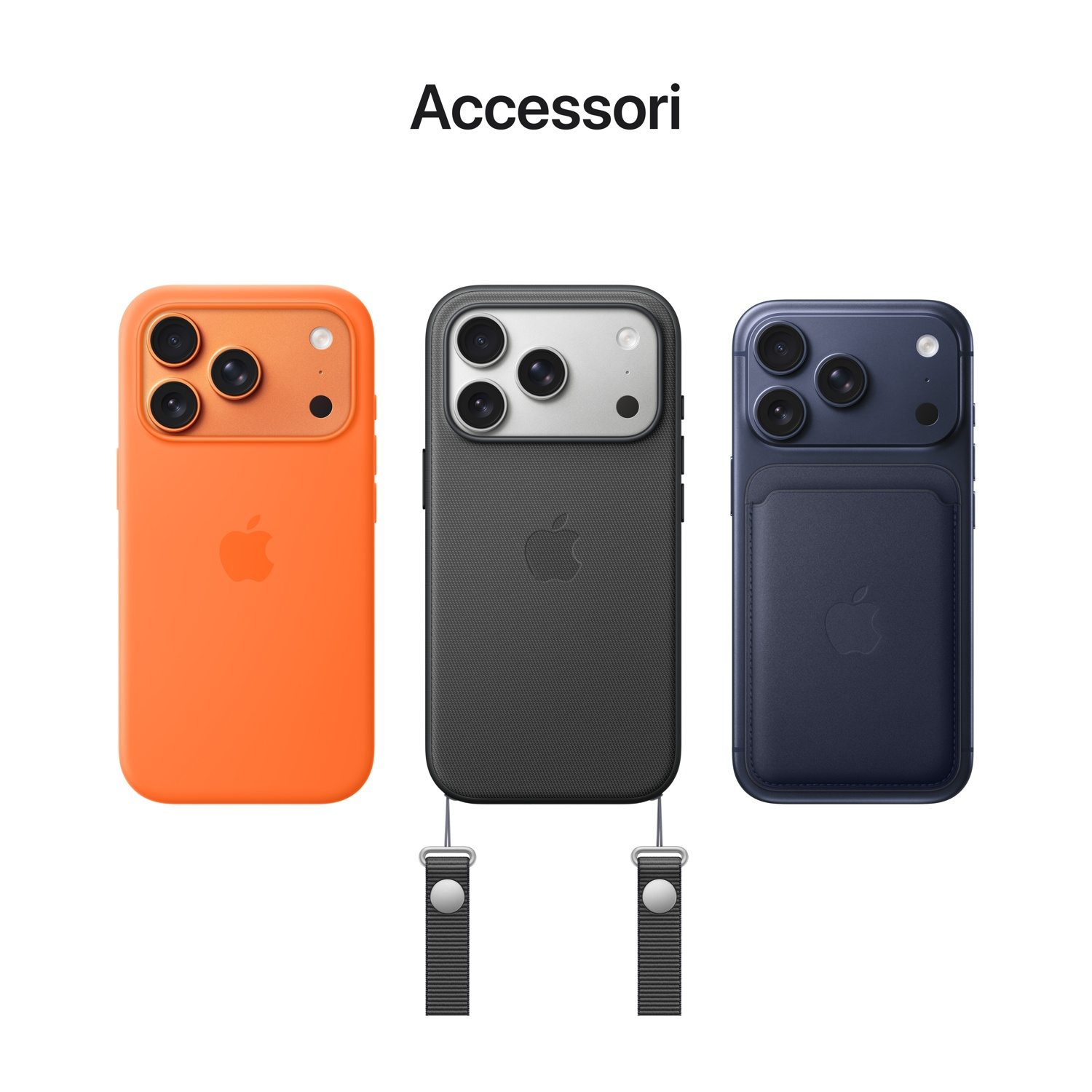 Tre custodie per iPhone: arancione, nera e blu navy, ciascuna con logo Apple e gruppo fotocamere. La custodia nera ha un cinturino.