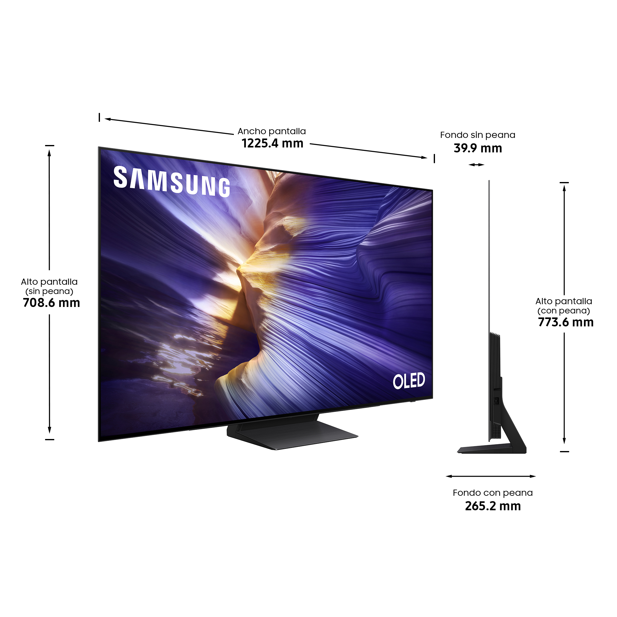 Un televisor Samsung OLED con dimensiones etiquetadas. La pantalla muestra una imagen abstracta colorida. El televisor está sobre un soporte.
