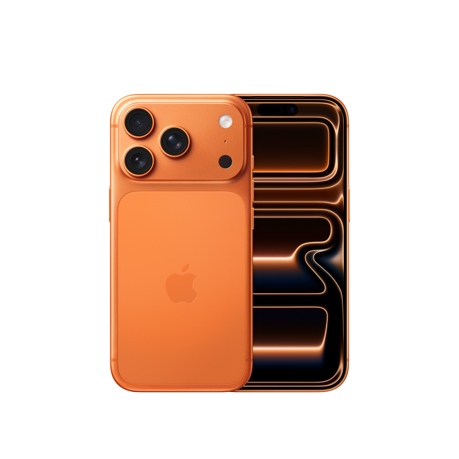Zwei orangefarbene Smartphones mit schwarzem Hintergrund. Eines zeigt Kameras, das andere ein leuchtendes Design.