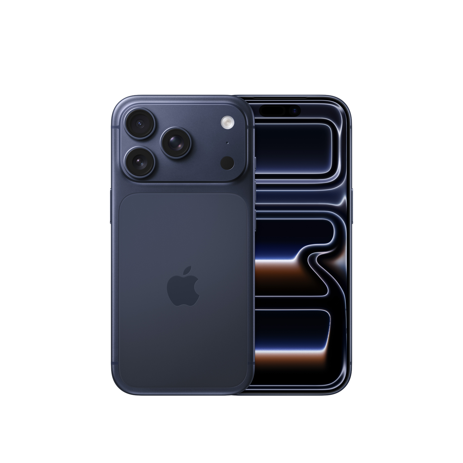 Ein dunkelblaues iPhone zeigt seine Rückseite und seinen Bildschirm. Auf der Rückseite ist das Apple-Logo zu sehen, der Bildschirm zeigt eine Schnittstelle.