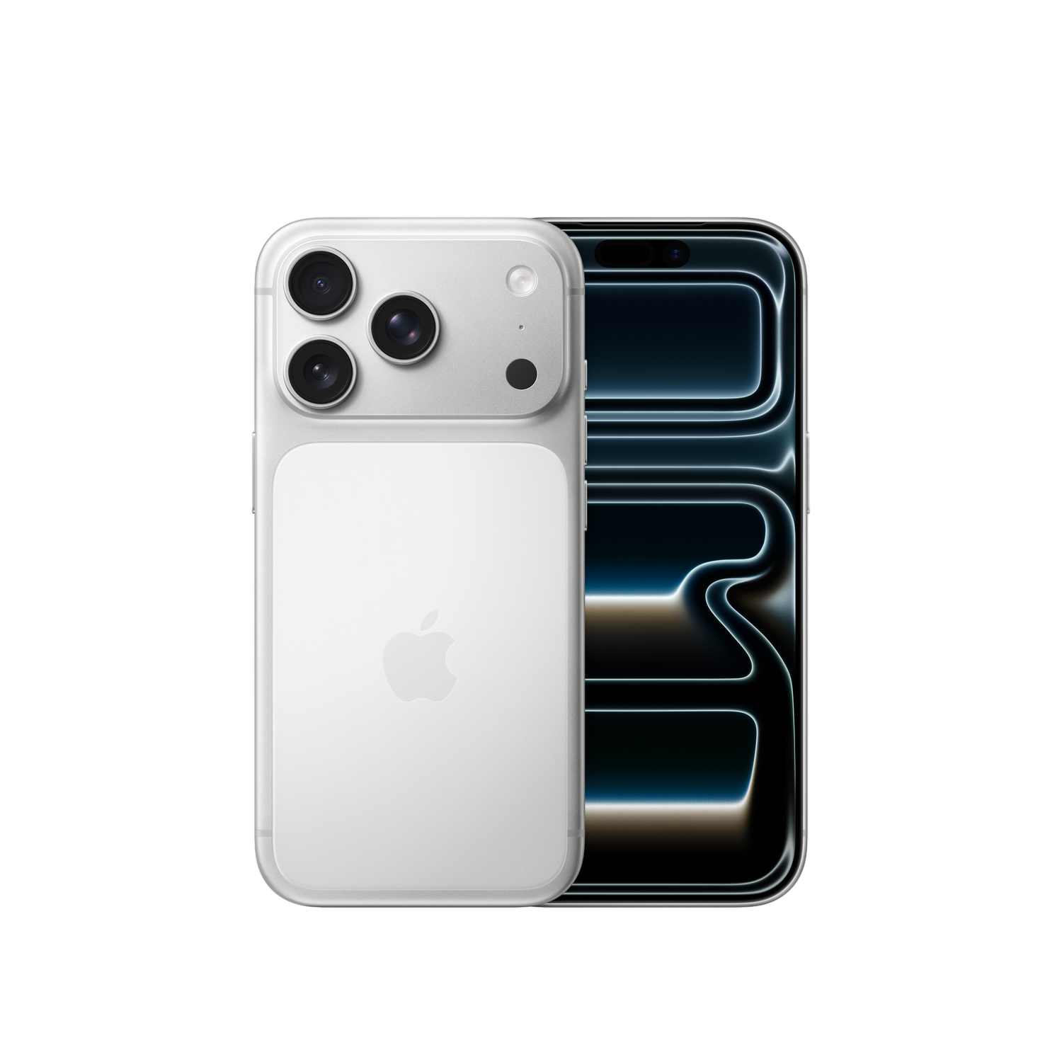Ein weißes iPhone mit drei Kameras und einem Bildschirm. Auf der Rückseite ist ein Apple-Logo zu sehen. Der Hintergrund ist schwarz.
