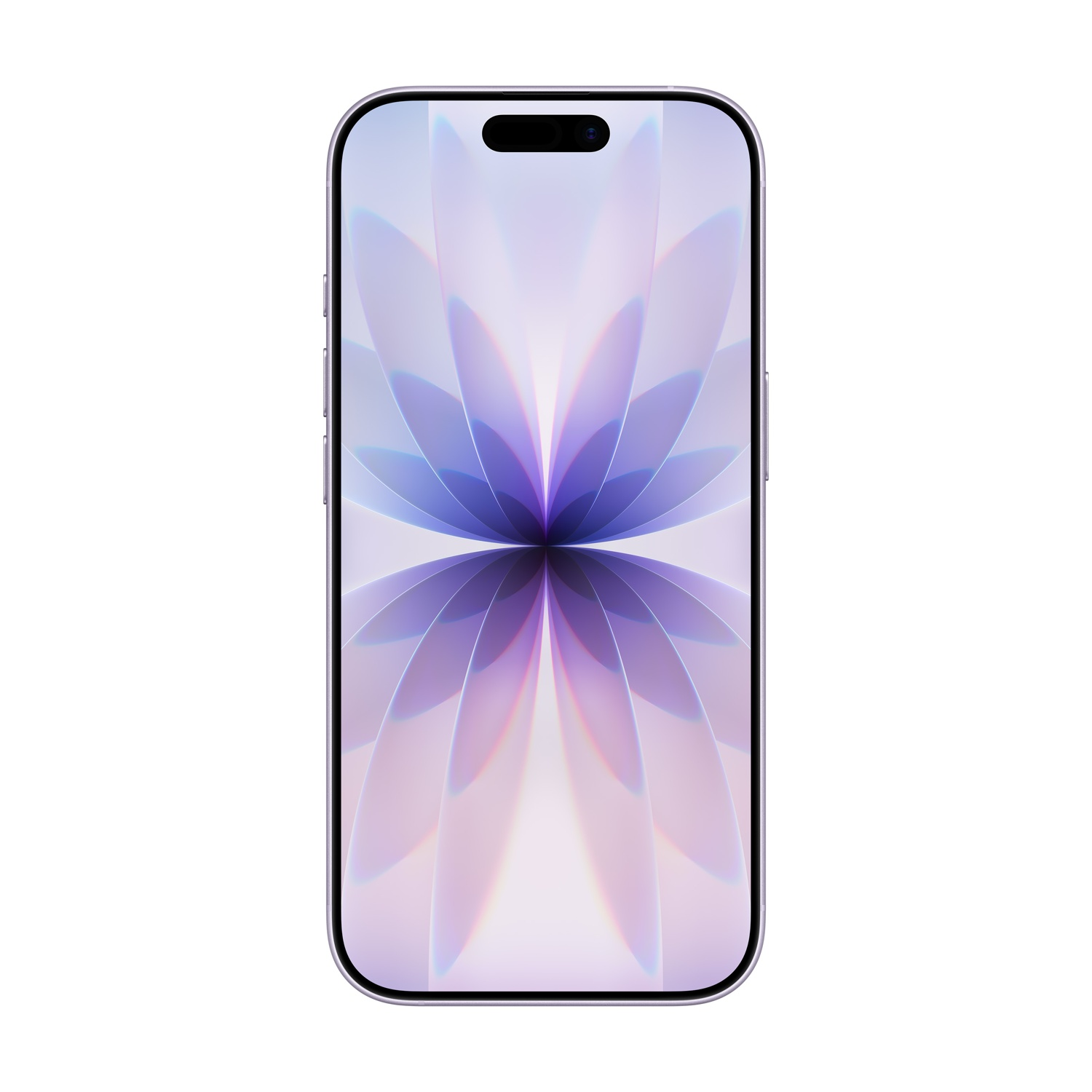 Uno smartphone con sfondo floreale, petali viola e bianchi. Il telefono ha una barra superiore nera con fotocamera e sensori.