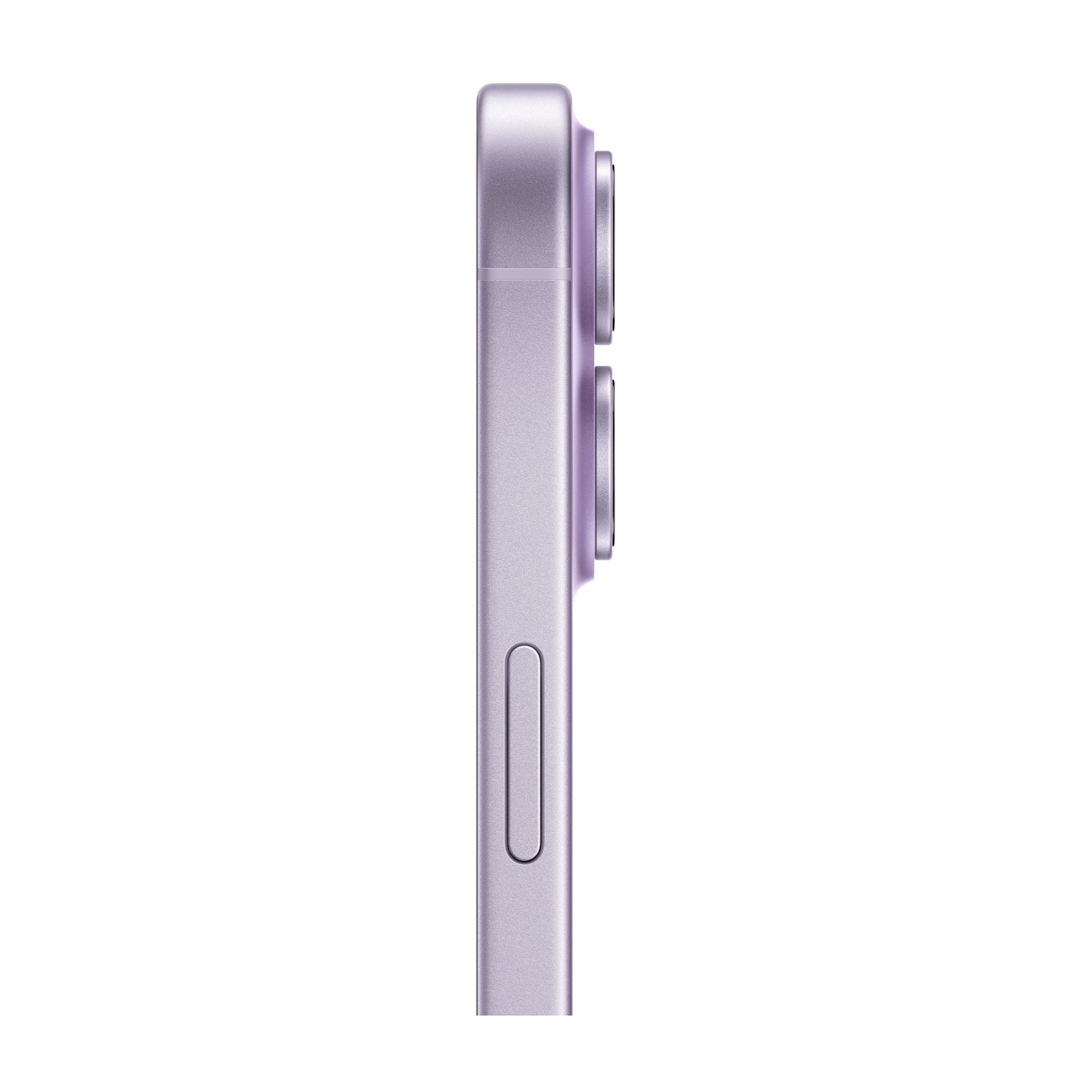 Vista laterale di uno smartphone viola. Il telefono ha lenti della fotocamera, un pulsante del volume e un pulsante di accensione. Sfondo bianco.