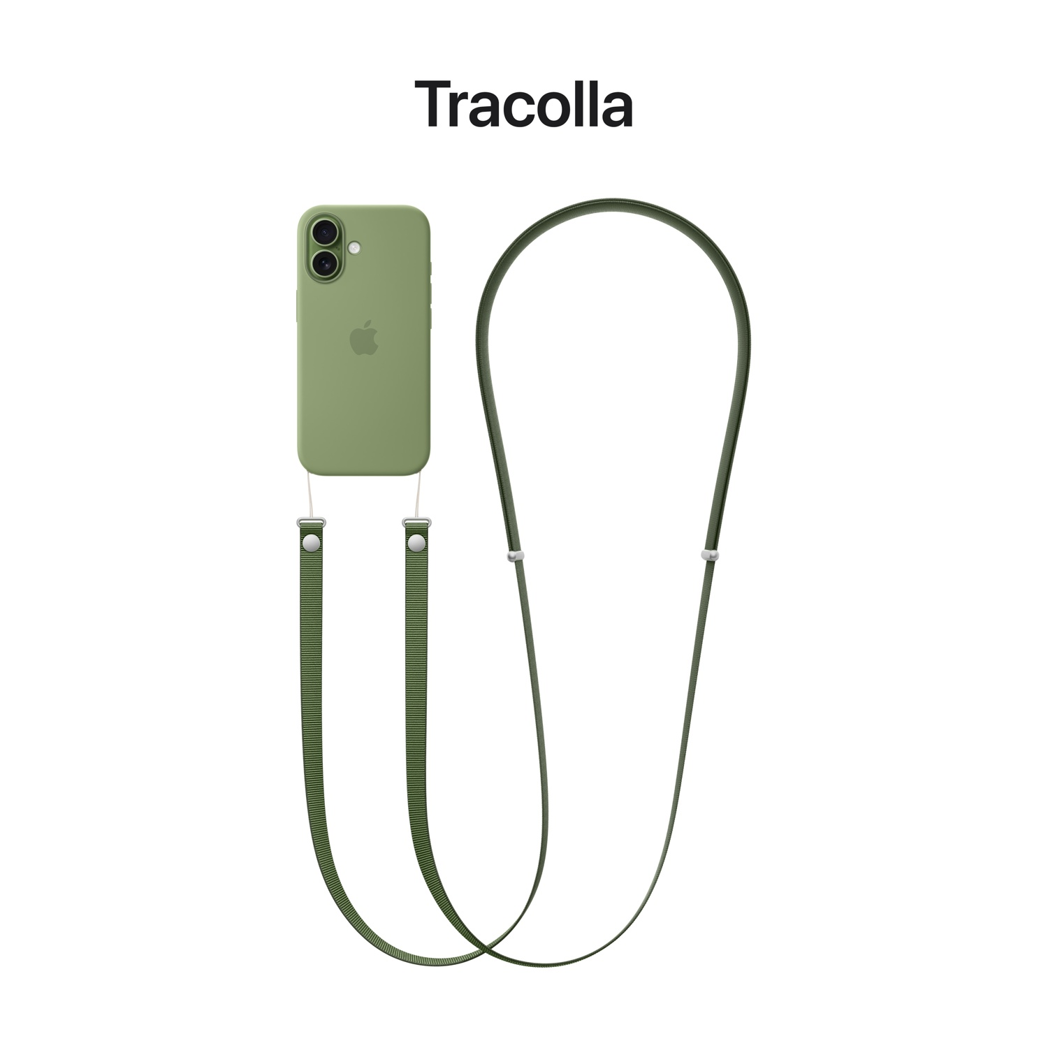 Una custodia per telefono verde oliva con cinturino abbinato. Il telefono ha un logo Apple. Il cinturino è fissato con elementi argentati.