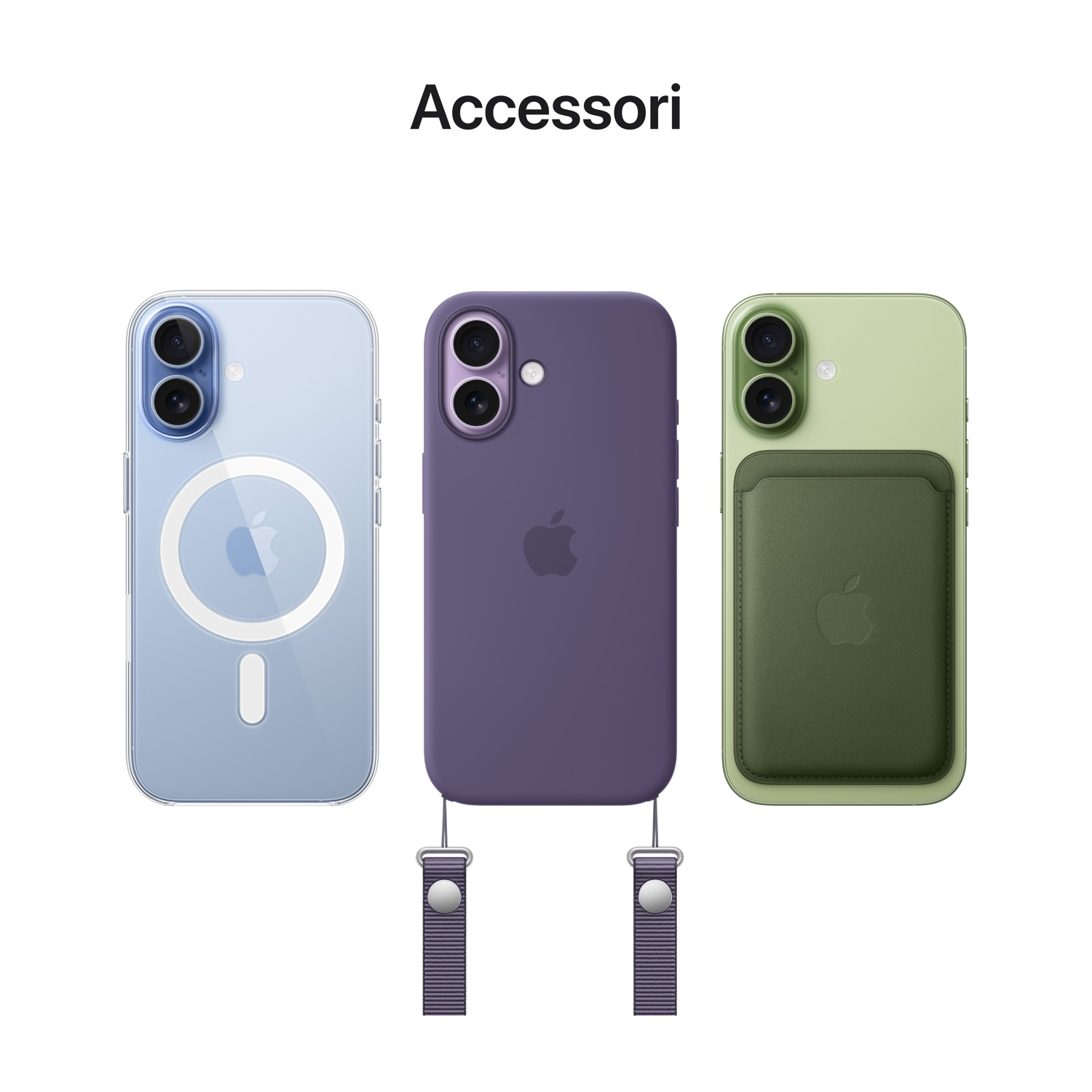 Tre custodie per telefoni: trasparente, viola e verde. La custodia viola ha un cinturino. La custodia verde ha un porta carte. Tutte hanno loghi Apple.