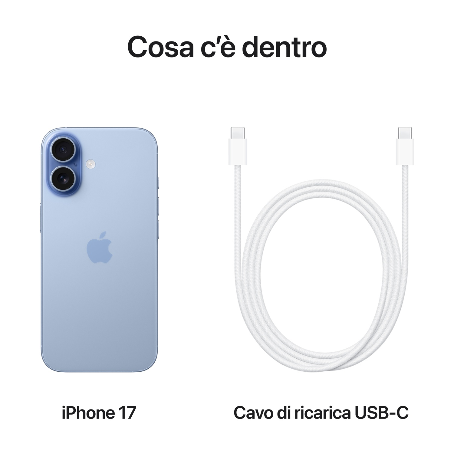 L'immagine mostra un iPhone 17 azzurro chiaro e un cavo di ricarica USB-C bianco su sfondo bianco. Testo: "Cosa c'è dentro".