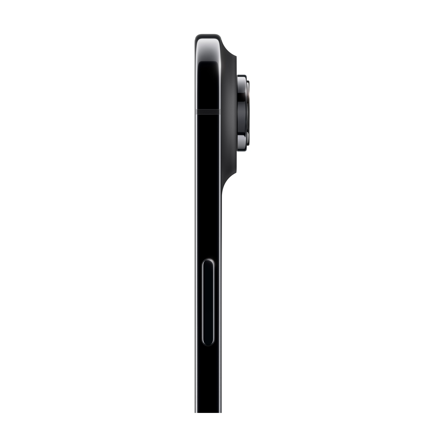 Vista laterale di uno smartphone nero. Il modulo fotocamera è visibile, insieme ai pulsanti laterali e all'elegante cornice nera.