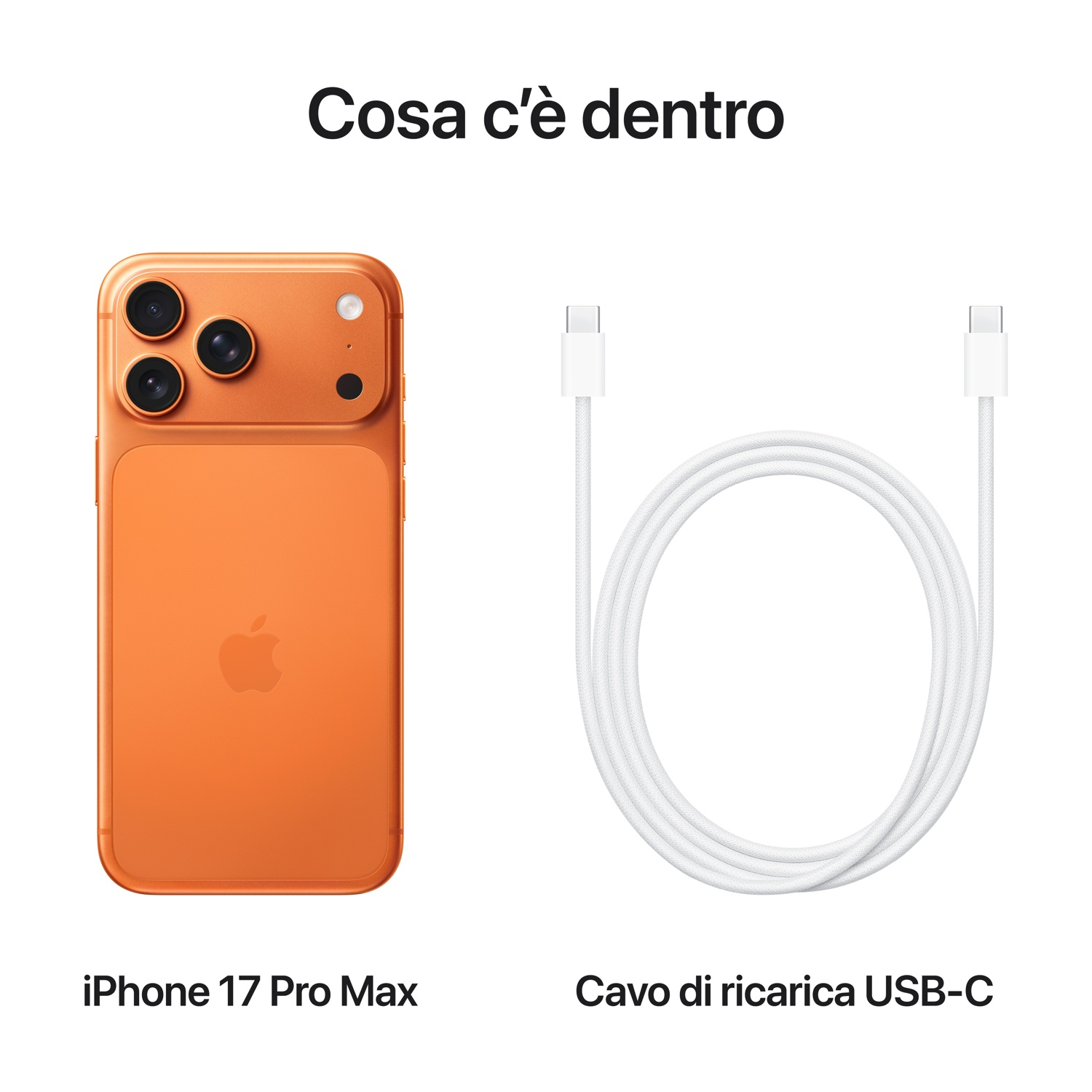 Un iPhone 17 Pro Max arancione e un cavo di ricarica USB-C bianco sono esposti. Il testo sopra recita: 'Cosa c'è dentro?'.