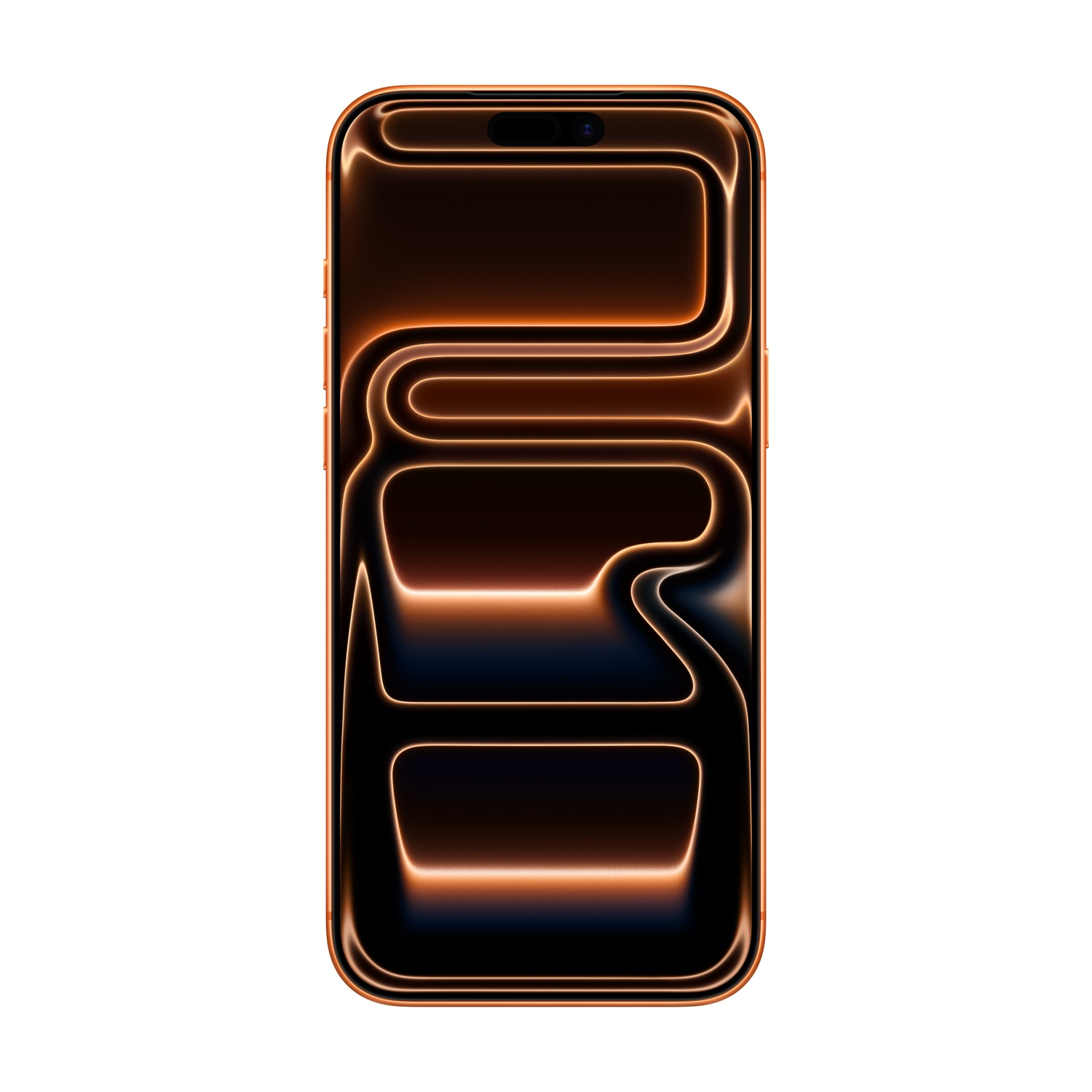 Uno smartphone arancione e nero con design interno luminoso su sfondo bianco.