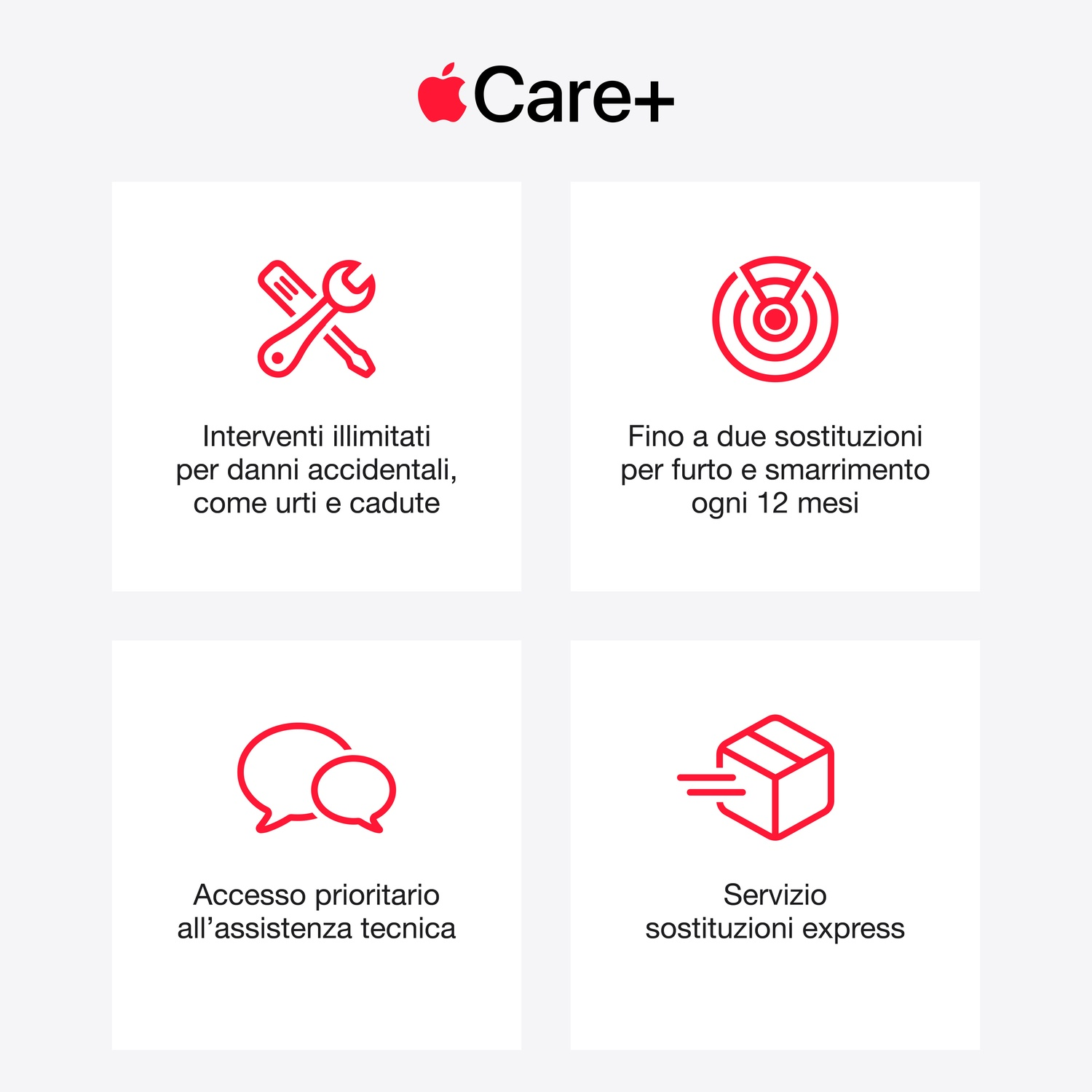 L'immagine mostra icone e testo rossi su sfondo bianco, che descrivono i vantaggi di AppleCare+, inclusi riparazione e furto.
