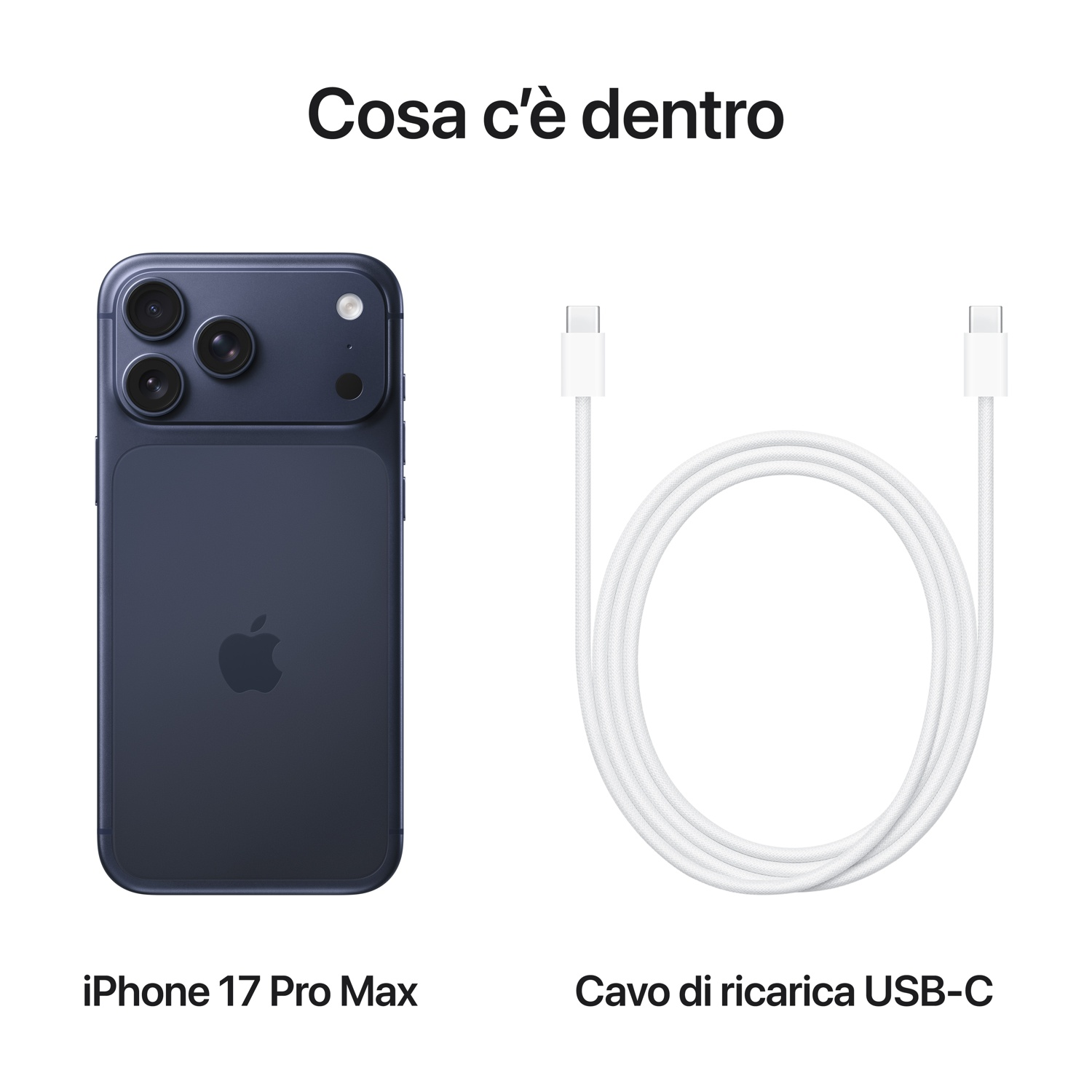 L'immagine mostra un iPhone 17 Pro Max blu scuro e un cavo di ricarica USB-C bianco. Il testo dice 'Cosa c'è dentro' e i nomi dei prodotti.