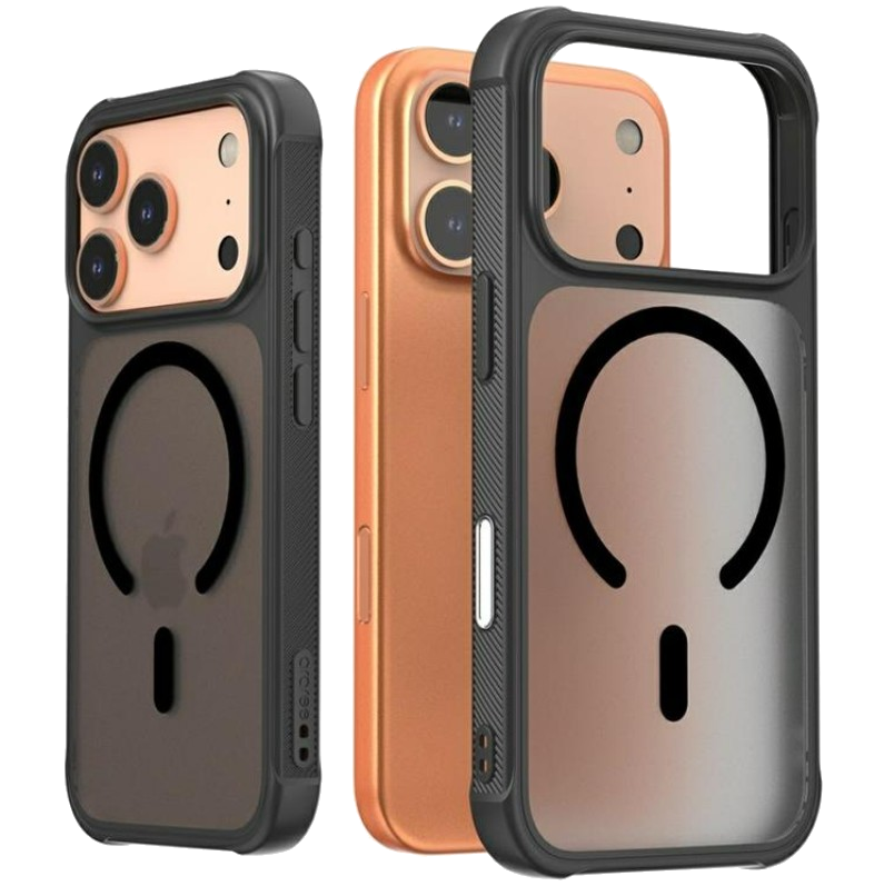 Trzy etui na telefon, czarne i miedziane. Etui mają okrągły kształt i chronią aparat telefonu. Tło jest czarne.