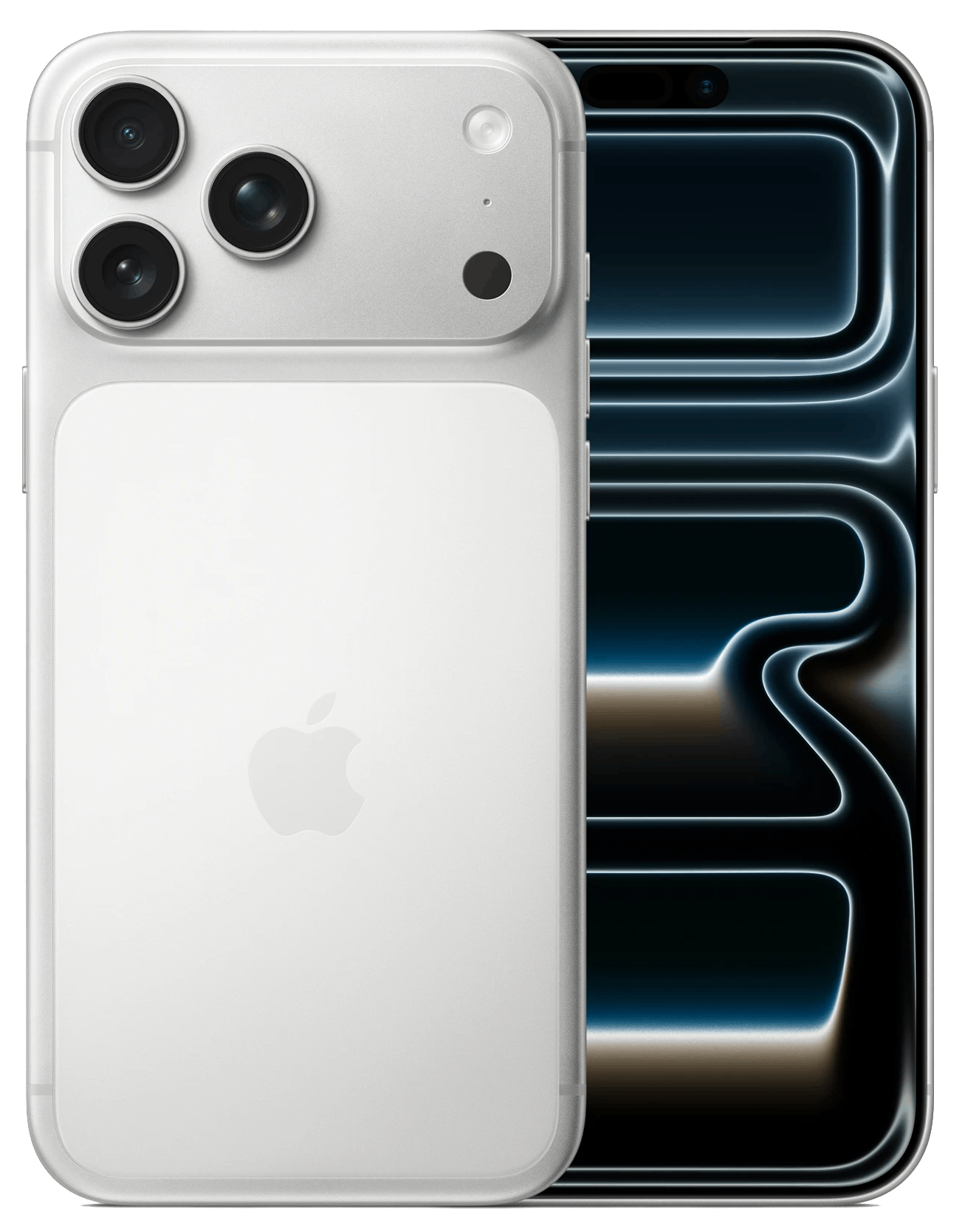 Un teléfono inteligente blanco con múltiples cámaras traseras y una pantalla que muestra un diseño azul y negro.