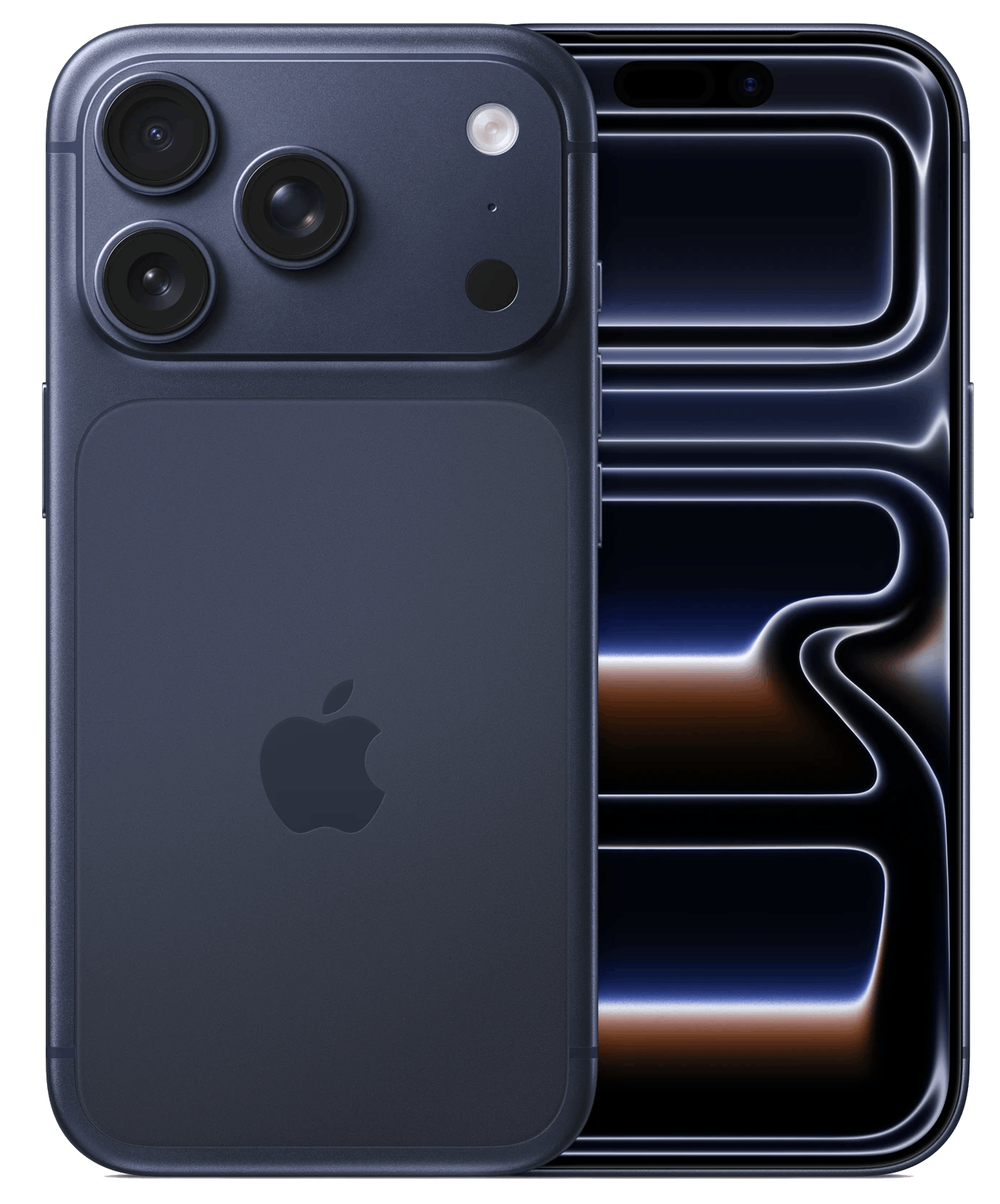 Un teléfono inteligente azul oscuro con múltiples cámaras traseras se muestra. La pantalla muestra una interfaz brillante y curvada. El logotipo de Apple es visible.
