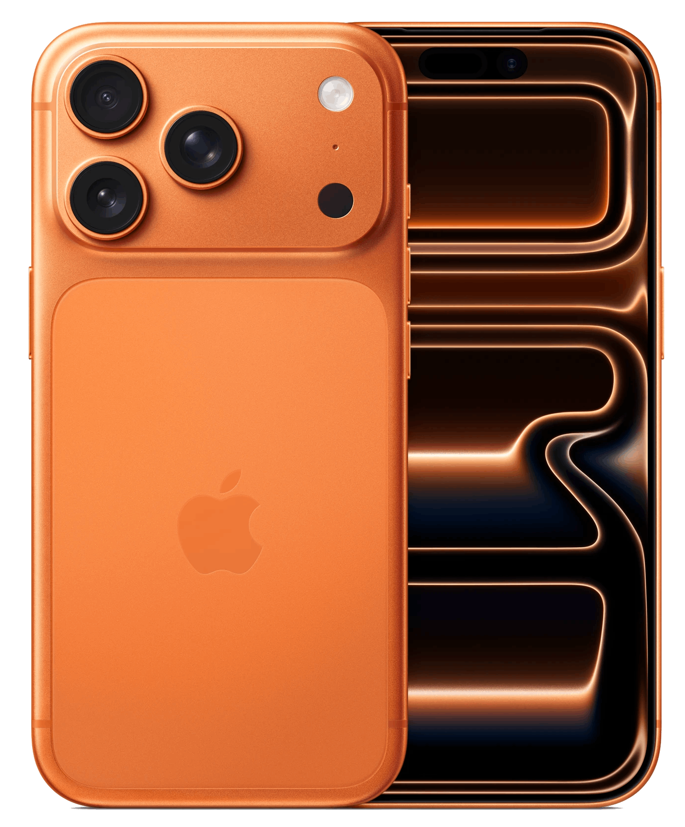 Teléfono naranja con tres cámaras, logo de Apple y pantalla brillante. El teléfono tiene esquinas redondeadas y un diseño elegante.