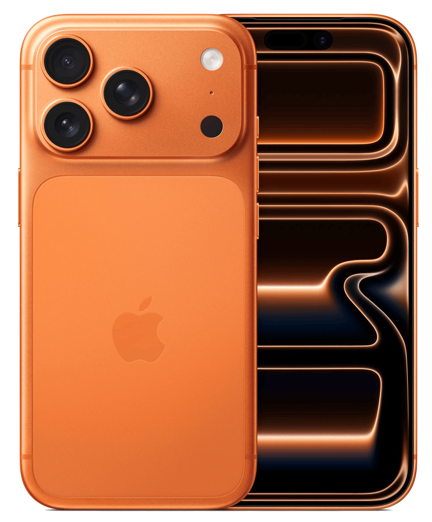 iPhone naranja con múltiples lentes de cámara y logo de Apple; la pantalla muestra un diseño abstracto brillante.