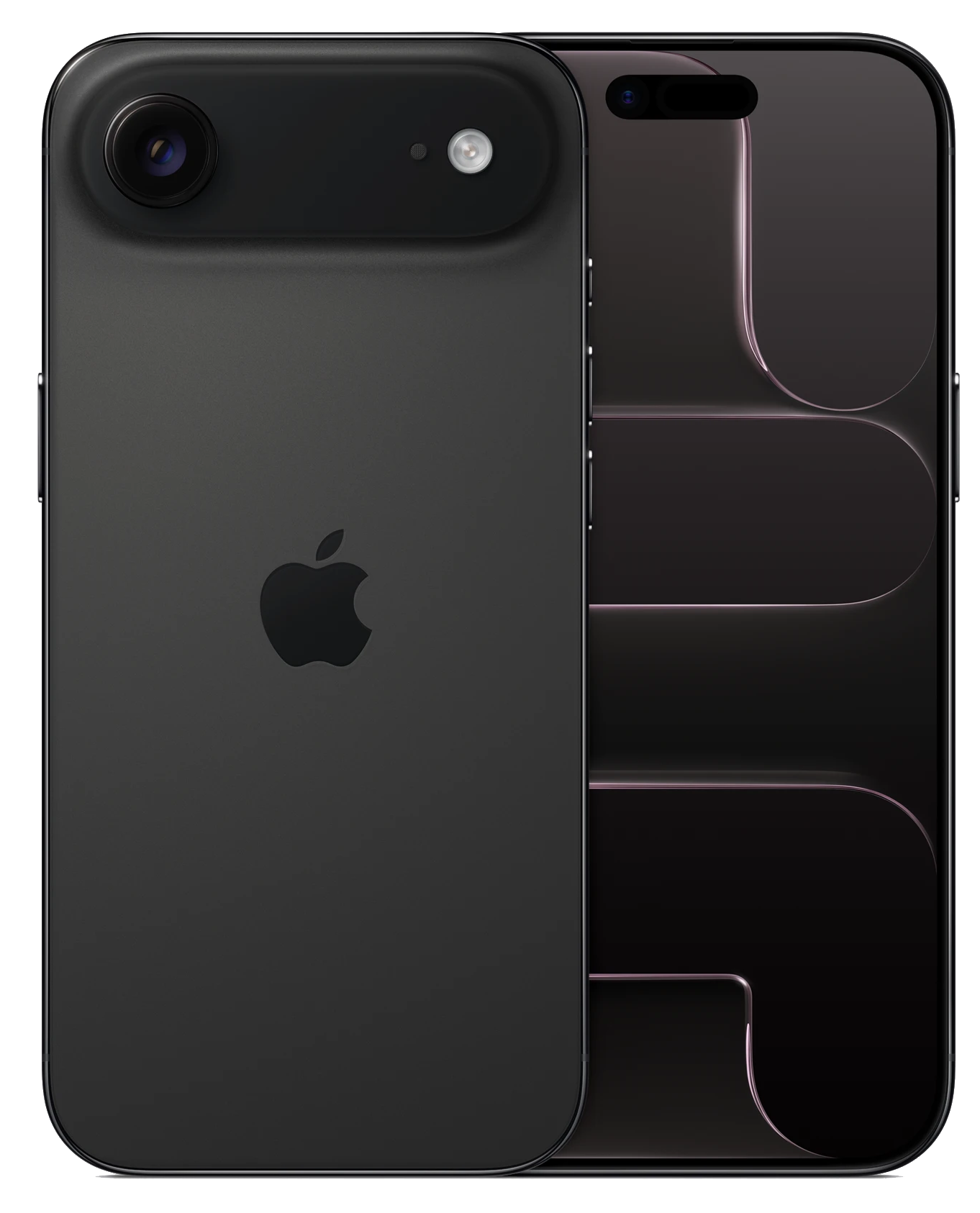 Un teléfono inteligente negro con módulo de cámara arriba y logotipo de Apple. La pantalla muestra un diseño oscuro.