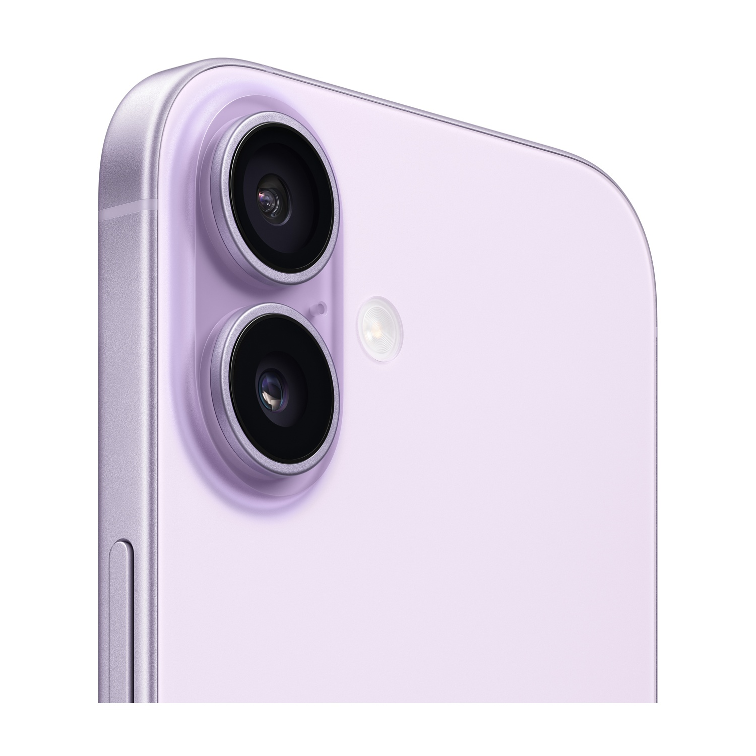Primo piano del modulo fotocamera di uno smartphone viola. Sono visibili due obiettivi neri, con flash e bordo del telefono.
