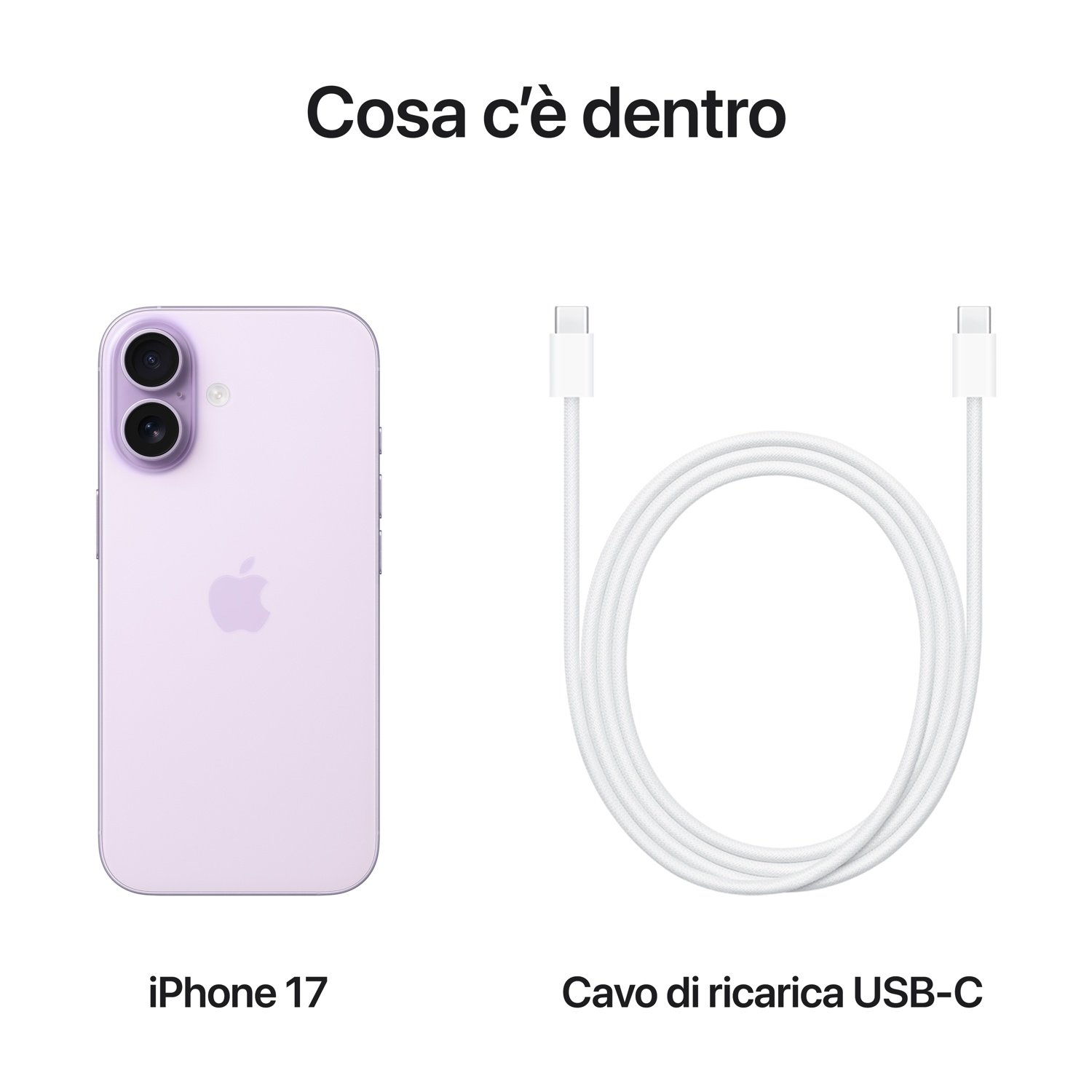 Un iPhone 17 e un cavo di ricarica USB-C bianco sono visualizzati su sfondo bianco. Il testo dice 'Cosa c'è dentro'.