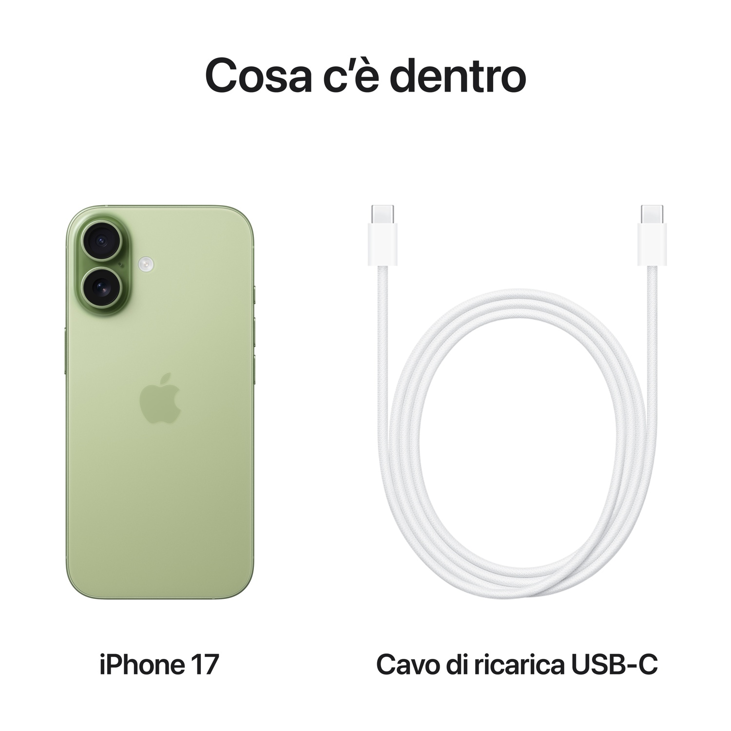 Un iPhone 17 verde accanto a un cavo di ricarica USB-C bianco. Il testo sopra dice 'Cosa c'è dentro'.