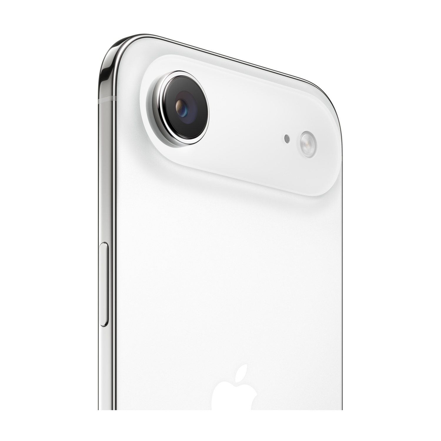 Primo piano del retro di uno smartphone bianco. Presenta lente della fotocamera, flash e logo Apple. Cornice argentata. Sfondo bianco.