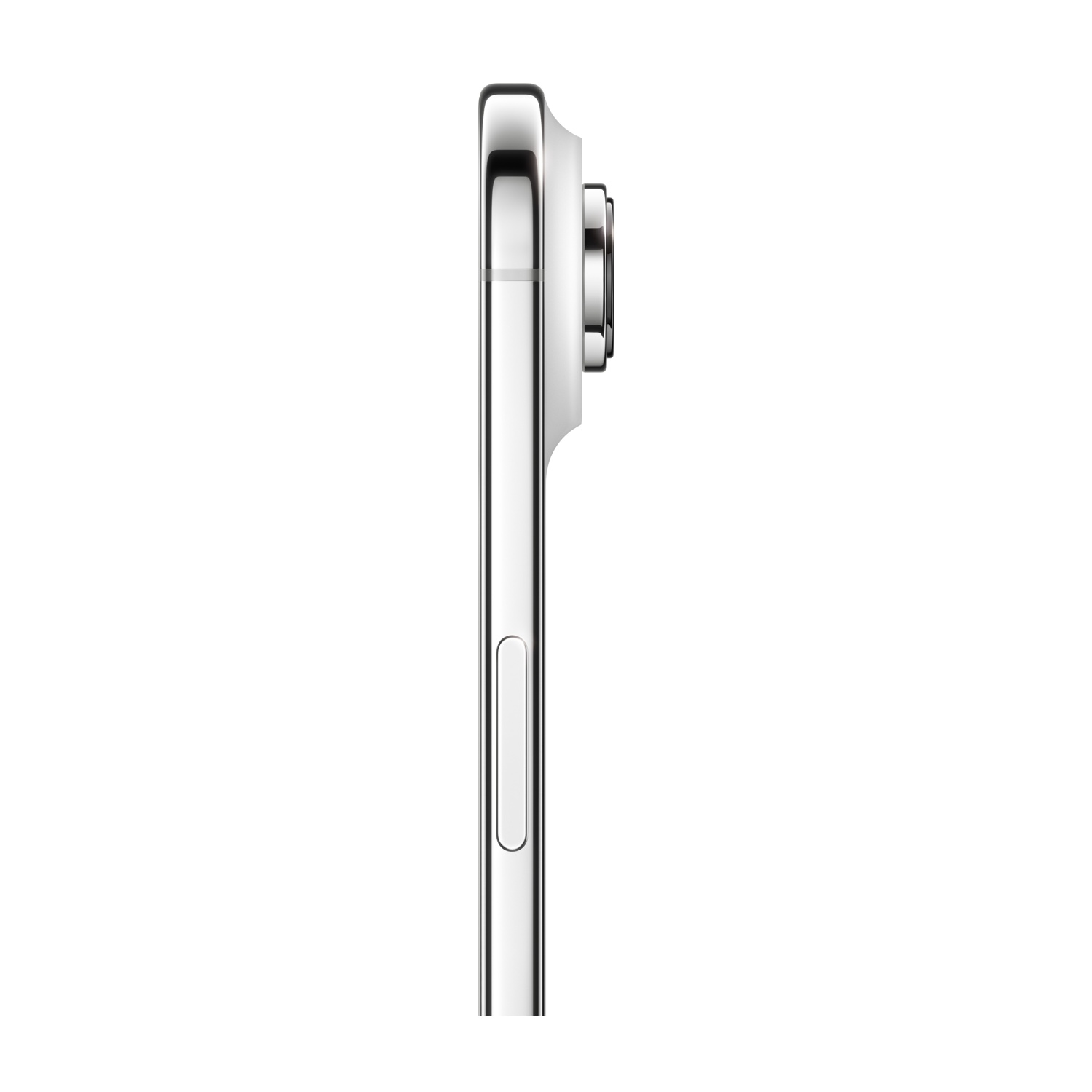 Vista laterale di uno smartphone argentato. Il rilievo della fotocamera e il pulsante laterale sono visibili. Il telefono è su sfondo bianco.