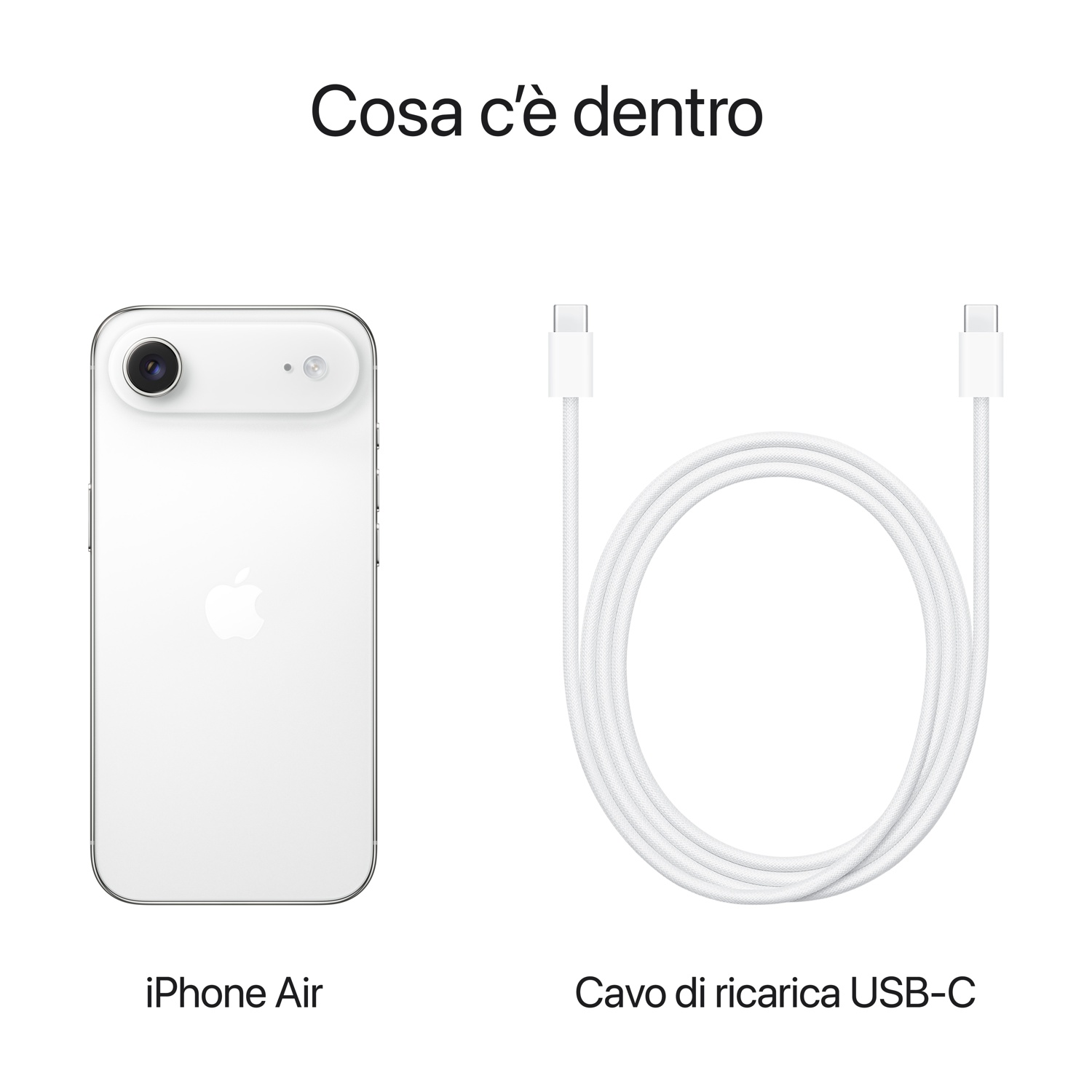 L'immagine mostra un iPhone Air e un cavo di ricarica USB-C. Entrambi sono bianchi, su sfondo bianco. Il testo dice 'Cosa c'è dentro'.