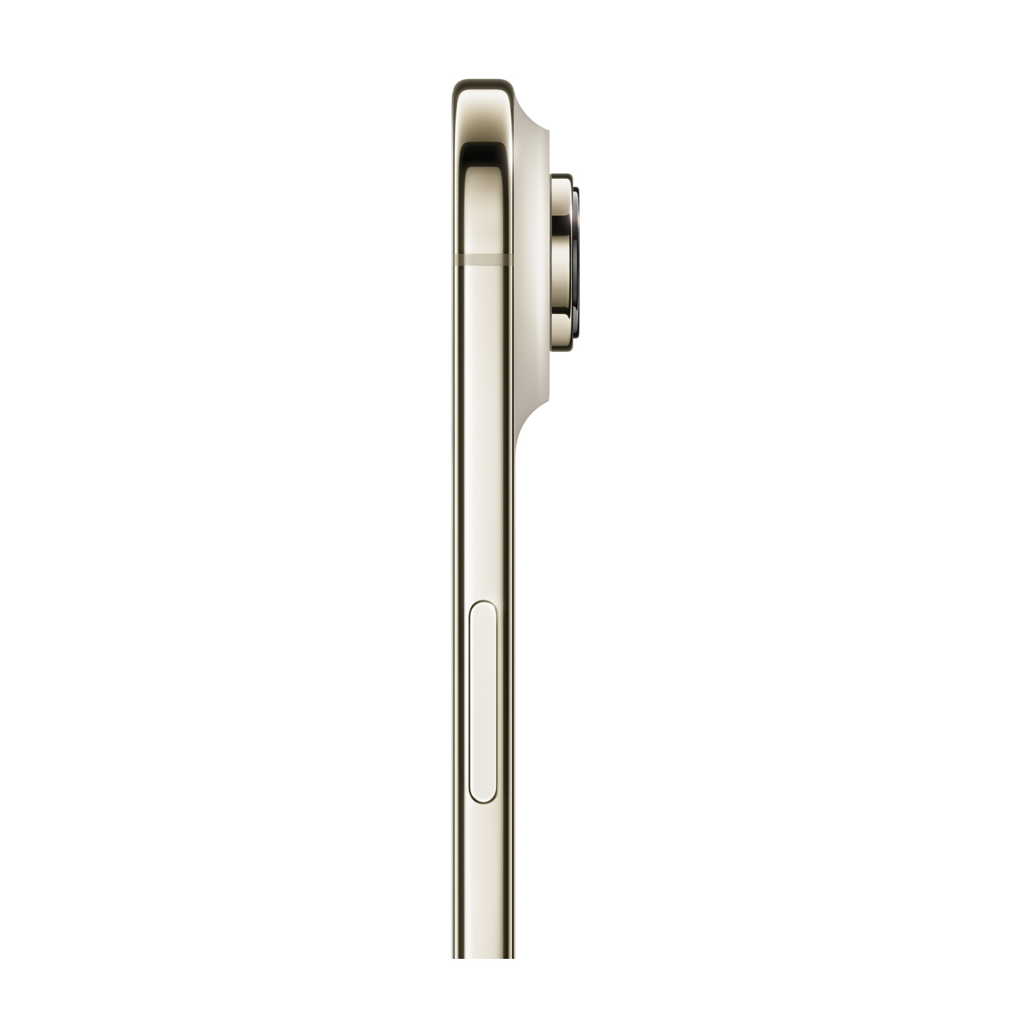 Vista laterale di uno smartphone dorato. Il rilievo della fotocamera è sul lato destro. Un pulsante del volume è visibile.