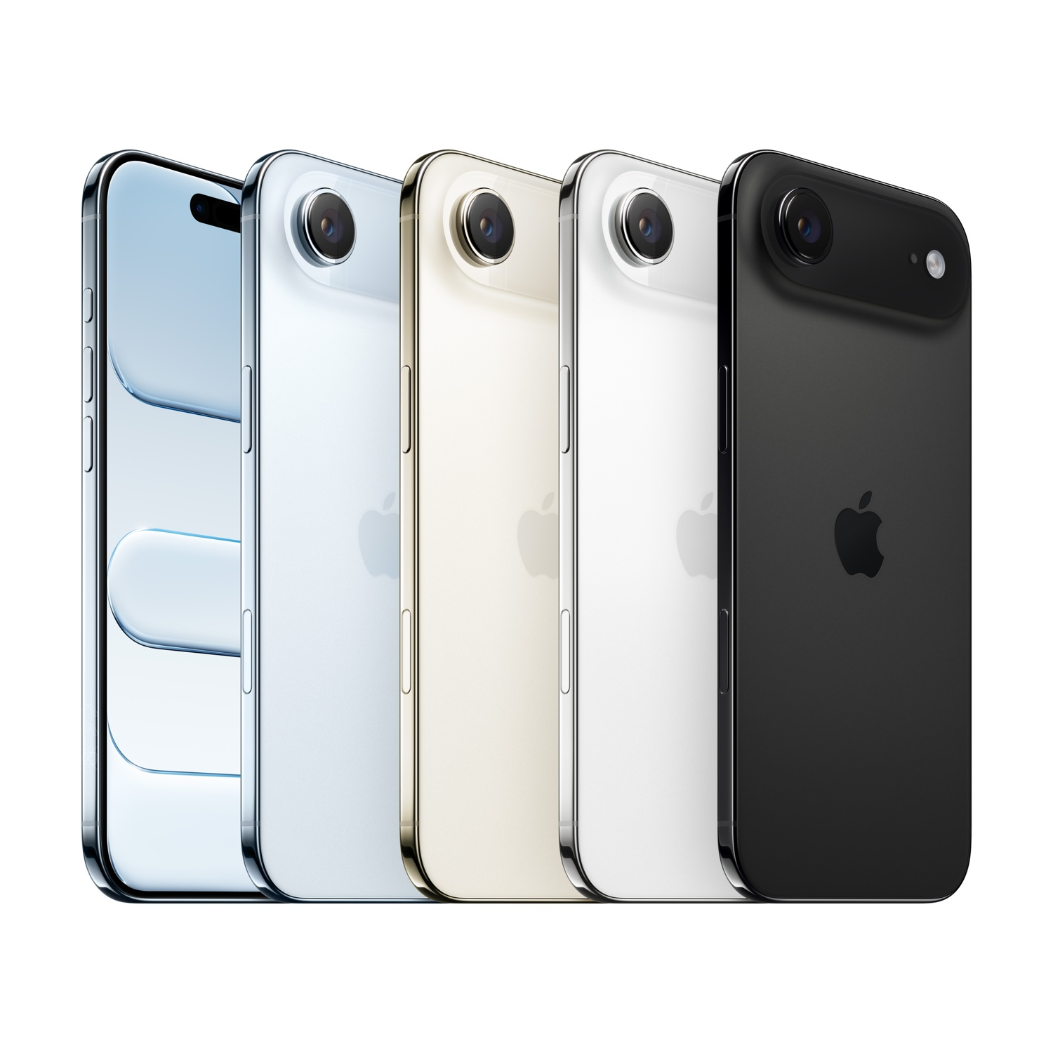 Cinque smartphone in fila, ognuno di un colore diverso: blu, bianco, oro, bianco e nero. Tutti hanno una fotocamera e il logo Apple.