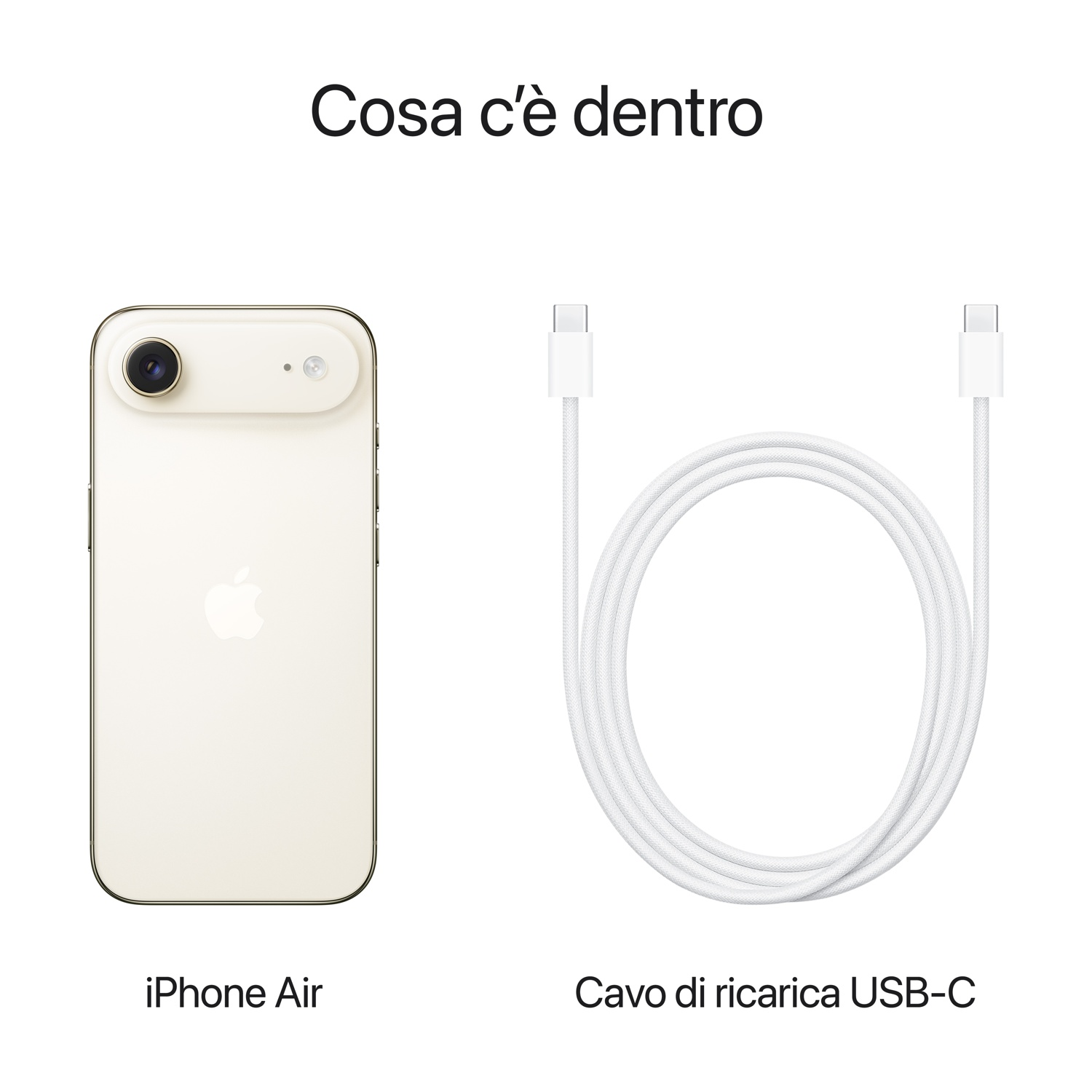 L'immagine mostra un iPhone Air e un cavo di ricarica USB-C bianco. Il telefono è bianco sporco e il cavo è arrotolato.