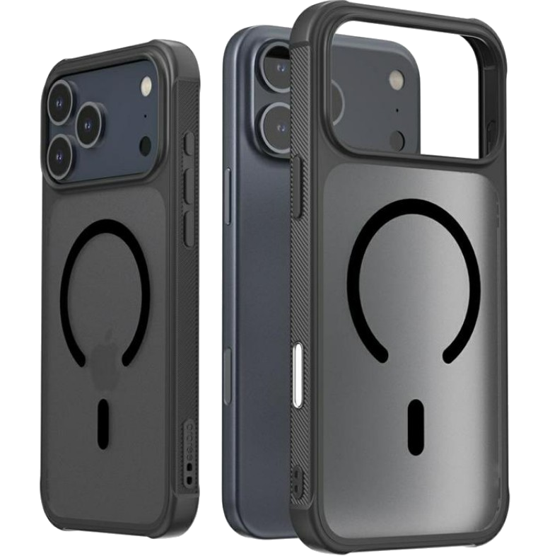 Trzy etui na iPhone'a z MagSafe. Etui są czarne i przezroczyste, pokazując aparat i pierścień MagSafe telefonu.